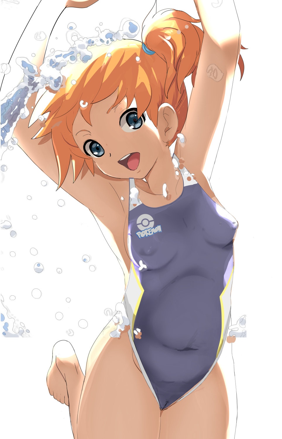 asymmetrical hair, blue eyes, blue swimsuit, blush, breasts, creatures (company), earrings, eyelashes, female, game freak, gym leader, hair between eyes, hair tie, heart, jewelry, kasumi (pokemon), looking at viewer, makoto daikichi, navel, nintendo, nipples, one-piece swimsuit, open mouth, orange hair, pokemon, pokemon (anime), pokemon (classic anime), pokemon (game), pokemon rgby, ponytail, pussy, see-through, shirt, short hair, short shorts, shorts, side ponytail, smile, solo, stomach, swimsuit, tied hair, water, yellow shirt