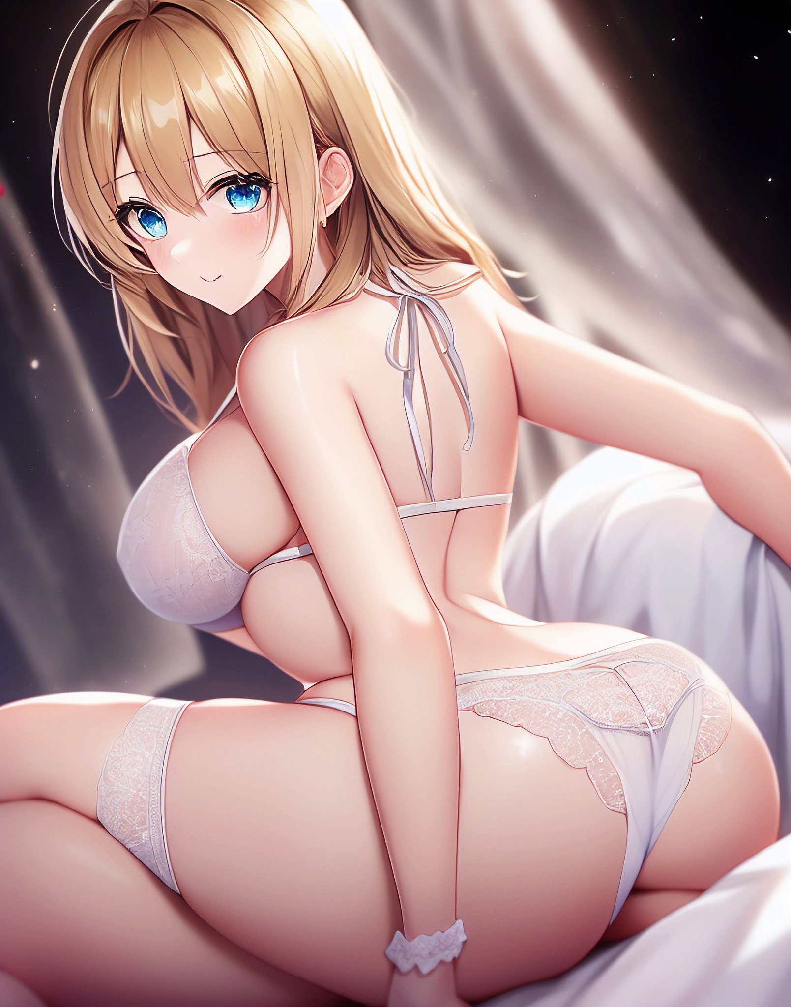1girls, ai generated, big breasts, blonde hair, breasts, bulging breasts, curvy figure, female, female only, high resolution, highres, long hair, looking at viewer, looking back, nai diffusion, original, solo, stable diffusion, white lingerie