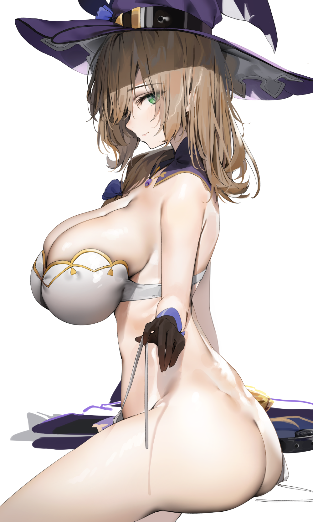 1girls ass bottomless breasts brown_hair female genshin_impact green_eyes hat huge_breasts large_ass large_breasts lisa_(genshin_impact) long_hair naughty_face poharo side_view thighs witch_hat