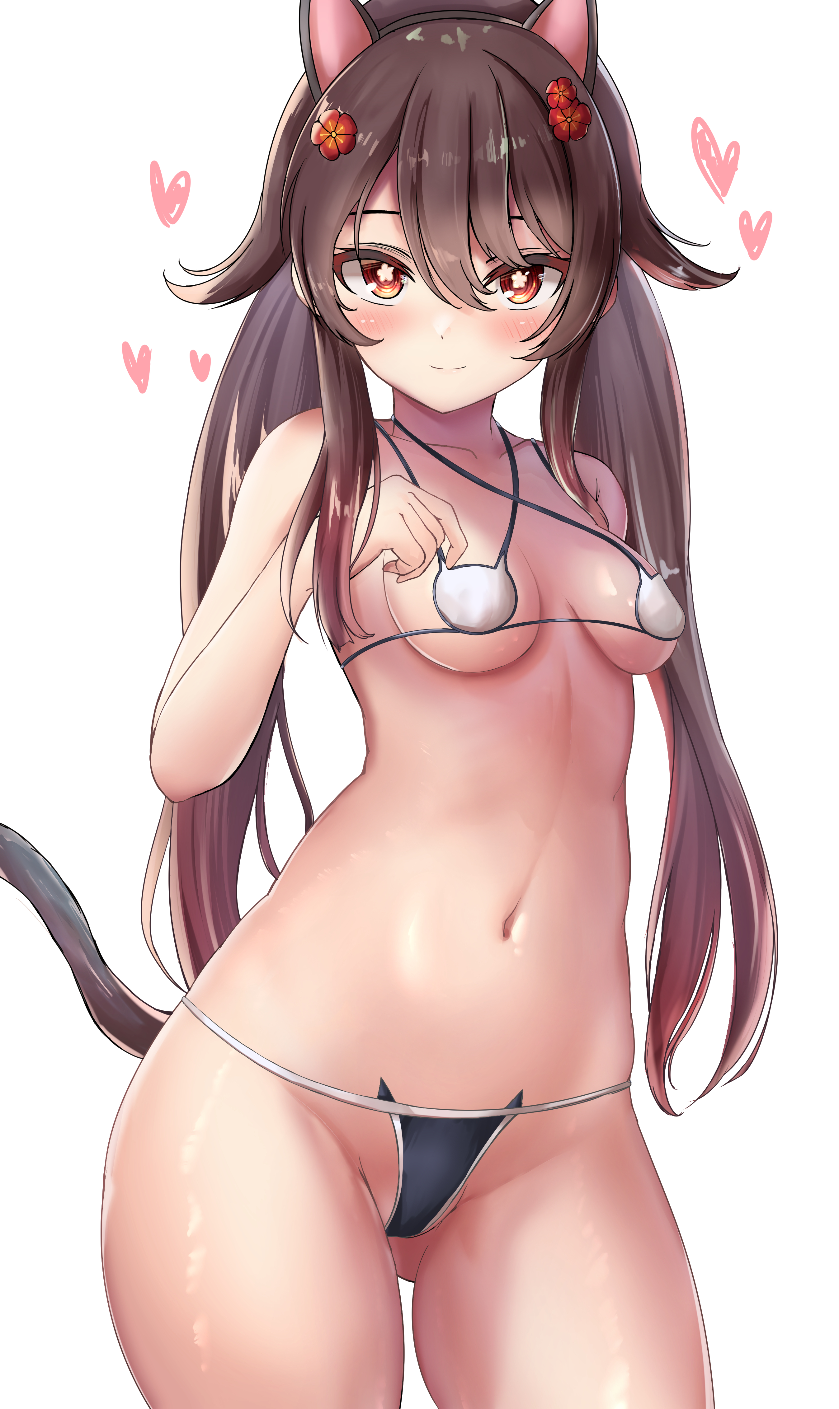 1girls, blush, breasts, cat bra, cat ears, cat girl, cat lingerie, cat tail, catgirl, female, female only, flower eyes, genshin impact, hearts around head, hu tao (genshin impact), medium breasts, navel, solo, solo female, star eyes, star-shaped pupils, string bikini, string panties, takenoko pengin, thick thighs, thighs, white background