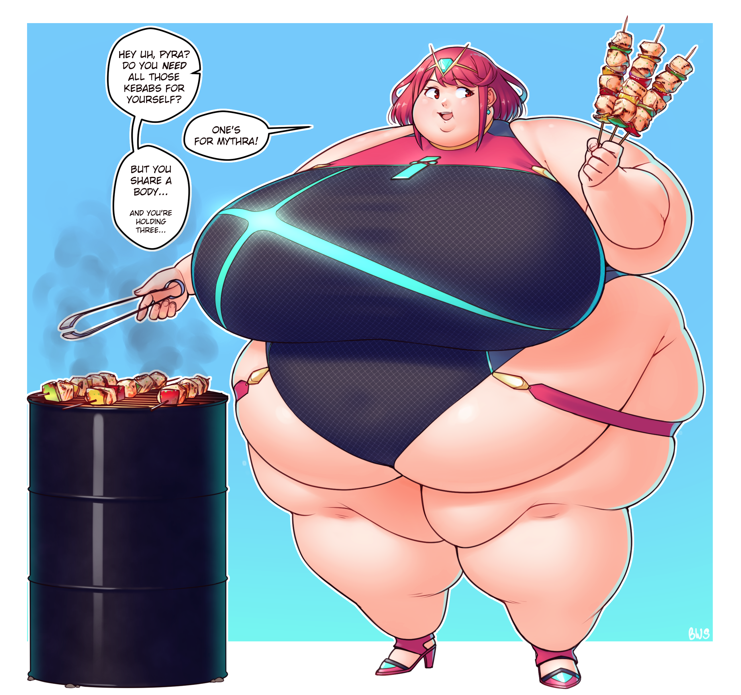 1girls, 2022, ass, bbw, belly, belly overhang, better with salt, big belly, big breasts, big female, blush, breasts, chubby, chubby female, dialogue, embarrassed, english, english text, fat, fat ass, fat female, fat fetish, fat thighs, fatty, female, female focus, giantess, hi res, high resolution, highres, hips, huge belly, huge breasts, huge thighs, large female, matching hair/eyes, mini giantess, morbidly obese, morbidly obese female, obese, obese female, offscreen character, overweight, overweight female, plump, pork chop, pyra, red eyes, red hair, short hair, solo, solo female, solo focus, speech bubble, ssbbw, swimsuit, swimwear, text, thick thighs, thighs, weight gain, wide hips, xenoblade (series), xenoblade chronicles 2