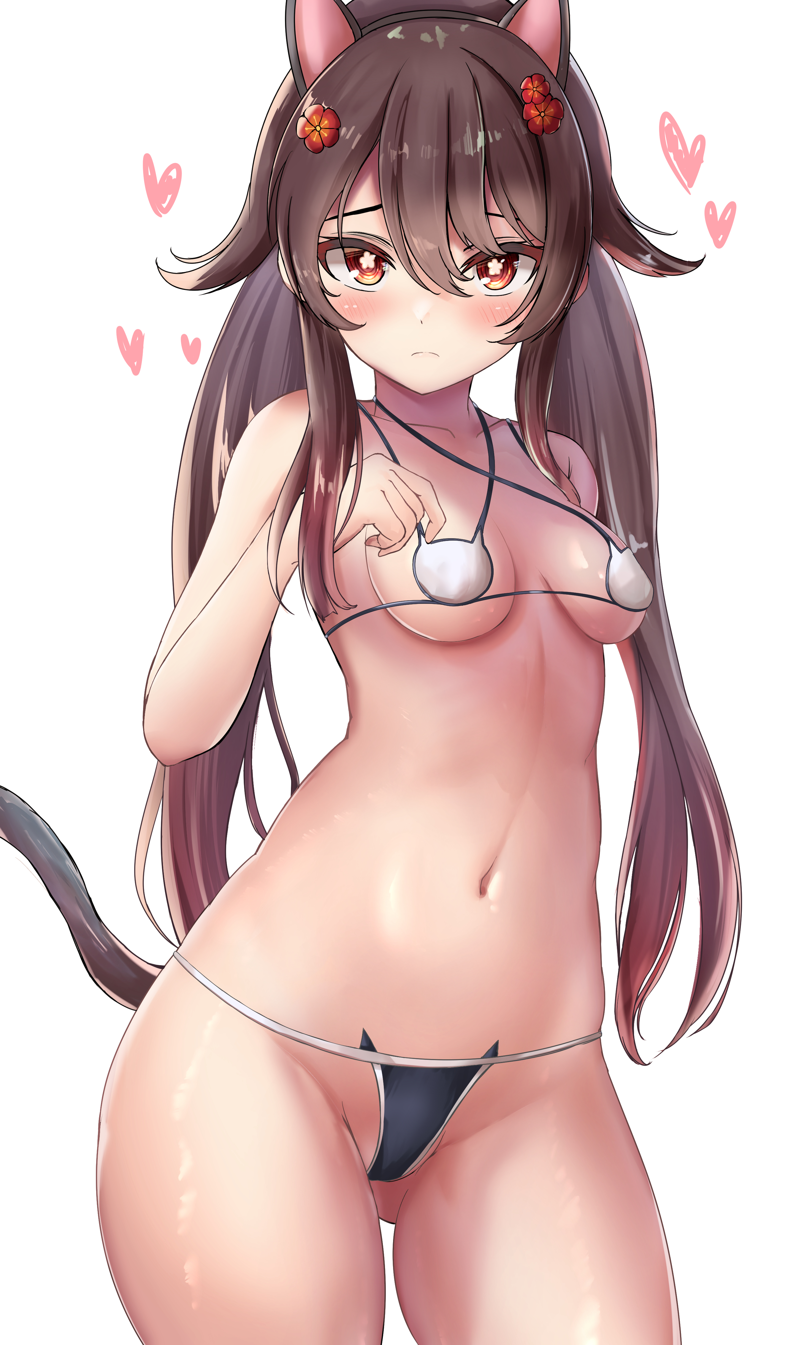 1girls, blush, breasts, cat ears, cat girl, cat tail, catgirl, female, female only, genshin impact, hearts around head, hu tao (genshin impact), medium breasts, navel, solo, solo female, star-shaped pupils, takenoko pengin, thick thighs, thighs, white background