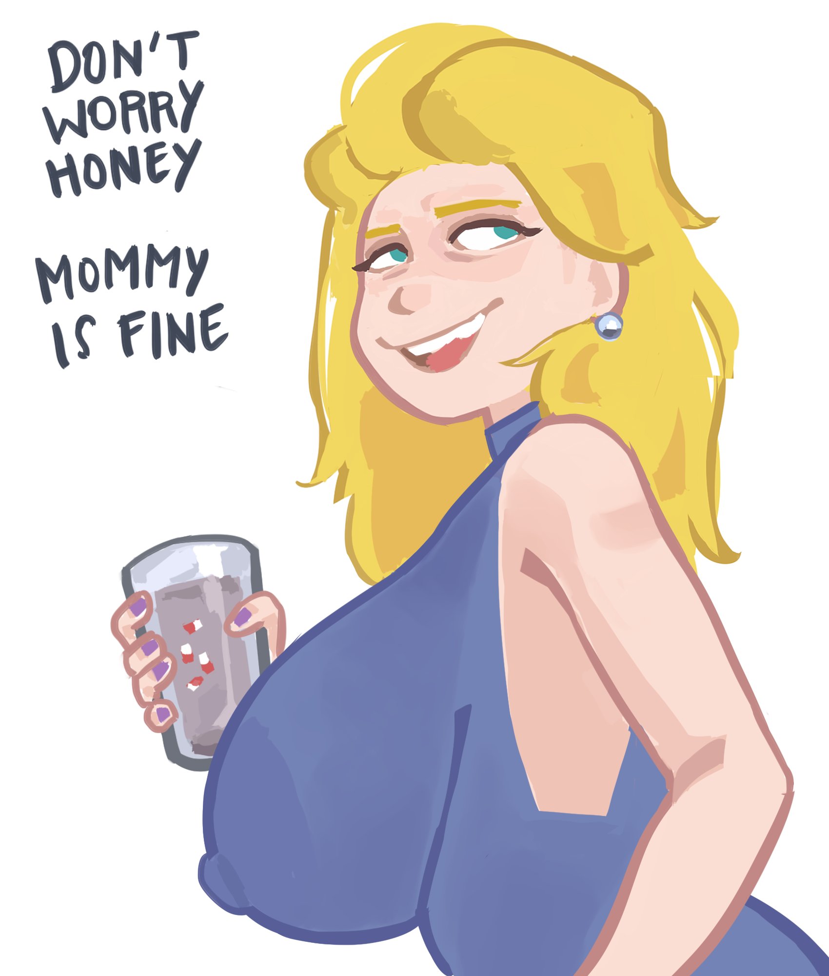 1girls, areola, areolae, areolae visible through clothing, big areola, big breasts, big nipples, blonde hair, blue dress, blue eyes, breasts, colored, drugs, ear piercing, earrings, eyeshadow, female, glass cup, light skin, light-skinned female, long hair, milf, mother, nipples visible through clothing, open back dress, open mouth, painted nails, pills, poivre moulu, tagme, talking, text