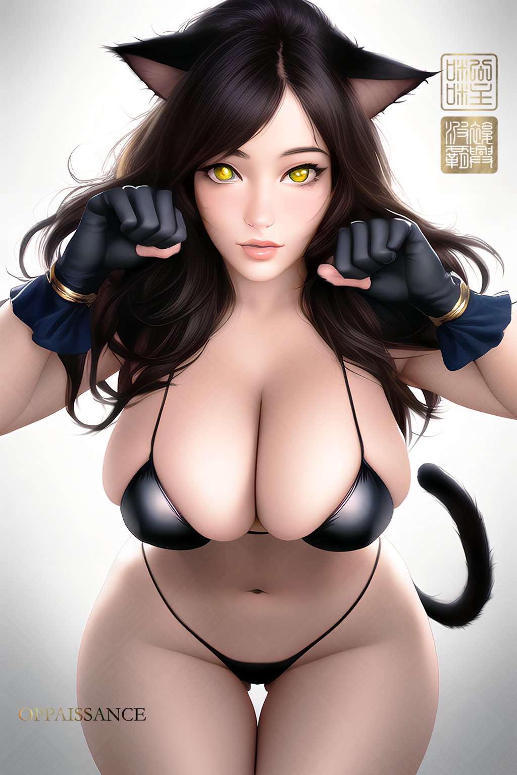 1girls, ai generated, big breasts, bikini, black hair, breasts, cat girl, cat tail, catgirl, curvy figure, female, female only, gloves, high resolution, highres, long hair, looking at viewer, nai diffusion, oppaissance, original, solo, stable diffusion, tagme, voluptuous, voluptuous female, yellow eyes