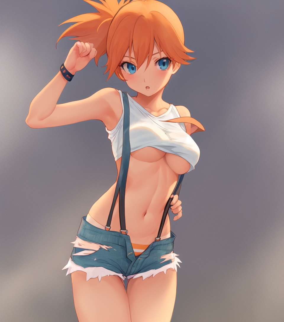 1:1 aspect ratio, 1girls, ai generated, alternative costume, armpits, asymmetrical hair, blue eyes, bra, breasts, clothing, denim, denim shorts, female, female only, game freak, gym leader, high resolution, kasumi (pokemon), legs, medium breasts, nai diffusion, nintendo, orange hair, pokemon, pokemon (game), pokemon rgby, ponytail, shirt, short hair, short shorts, shorts, side ponytail, simple background, solo, stable diffusion, standing, tank top, thighs, thong, tied hair, underboob, white shirt
