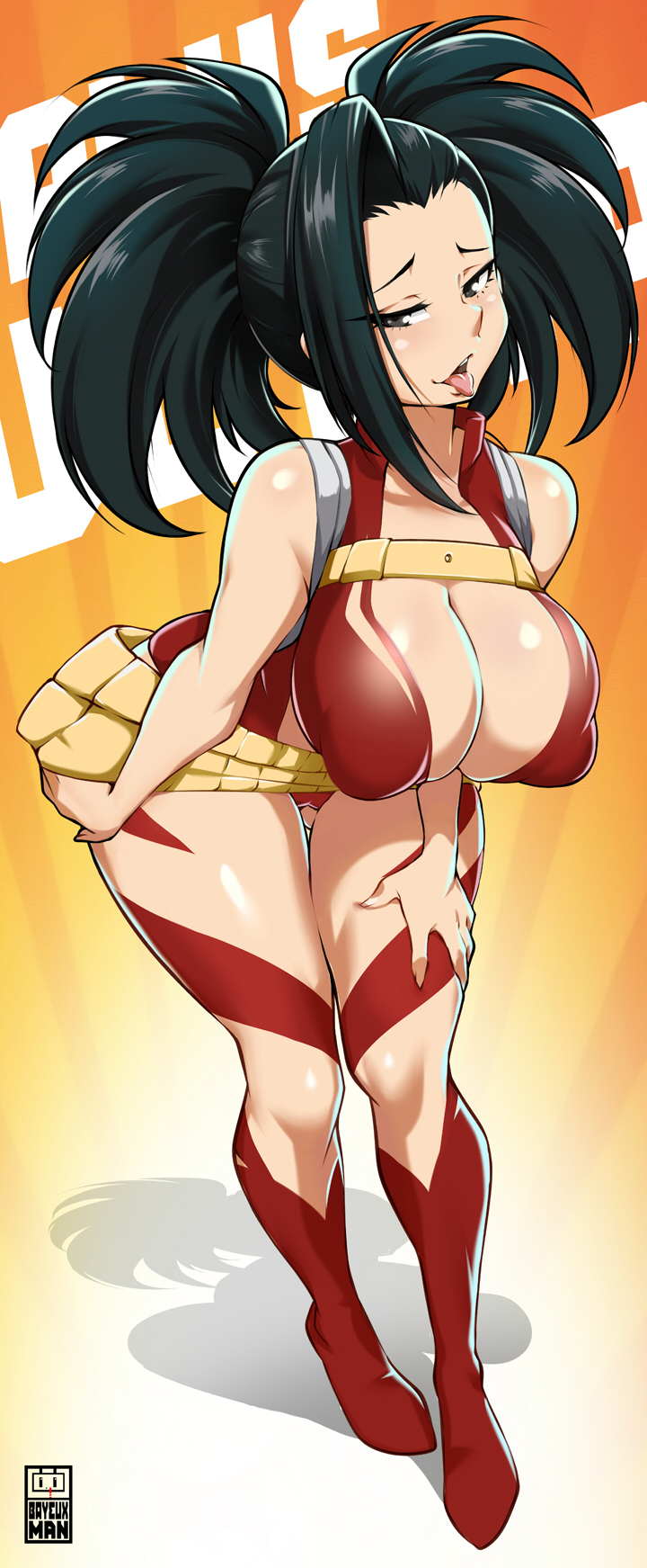 1girls, alternate hairstyle, bayeuxman, big breasts, bimbo, black hair, black-haired female, breasts, busty, child bearing hips, cleavage, eye contact, female, female only, hand on leg, hand on own leg, hand on own thigh, hand on thigh, hero outfit (mha), hourglass figure, human, human female, large breasts, leotard, light-skinned female, looking at viewer, momo yaoyorozu, momo yaoyorozu (hero outfit), my hero academia, naughty face, slim waist, smile, solo, standing, superheroine, thick thighs, thighs, tongue, tongue out, twintails, voluptuous, wide hips