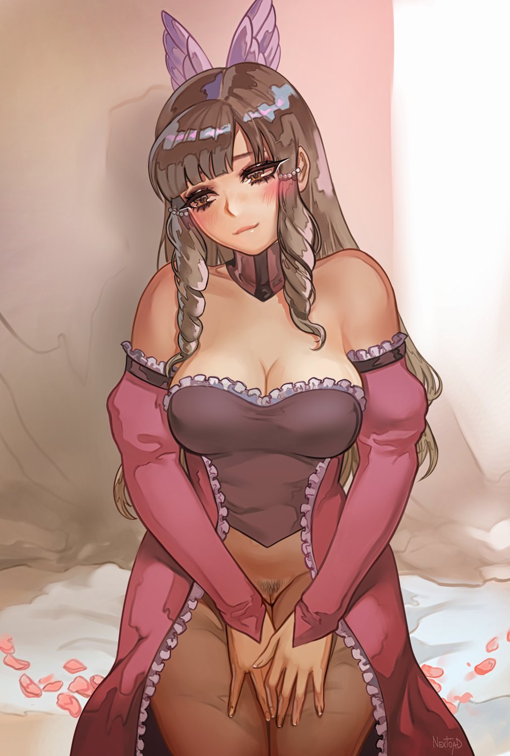 1girls alternate_costume bangs bare_shoulders bare_thighs blush breasts brown_eyes brown_hair cleavage dress embarrassed female female_only female_pubic_hair fire_emblem fire_emblem_awakening hair_ornament long_hair looking_away medium_breasts nextoad nintendo no_panties petals pubic_hair see-through shoulders sitting smile solo sumia_(fire_emblem) thighs very_long_hair