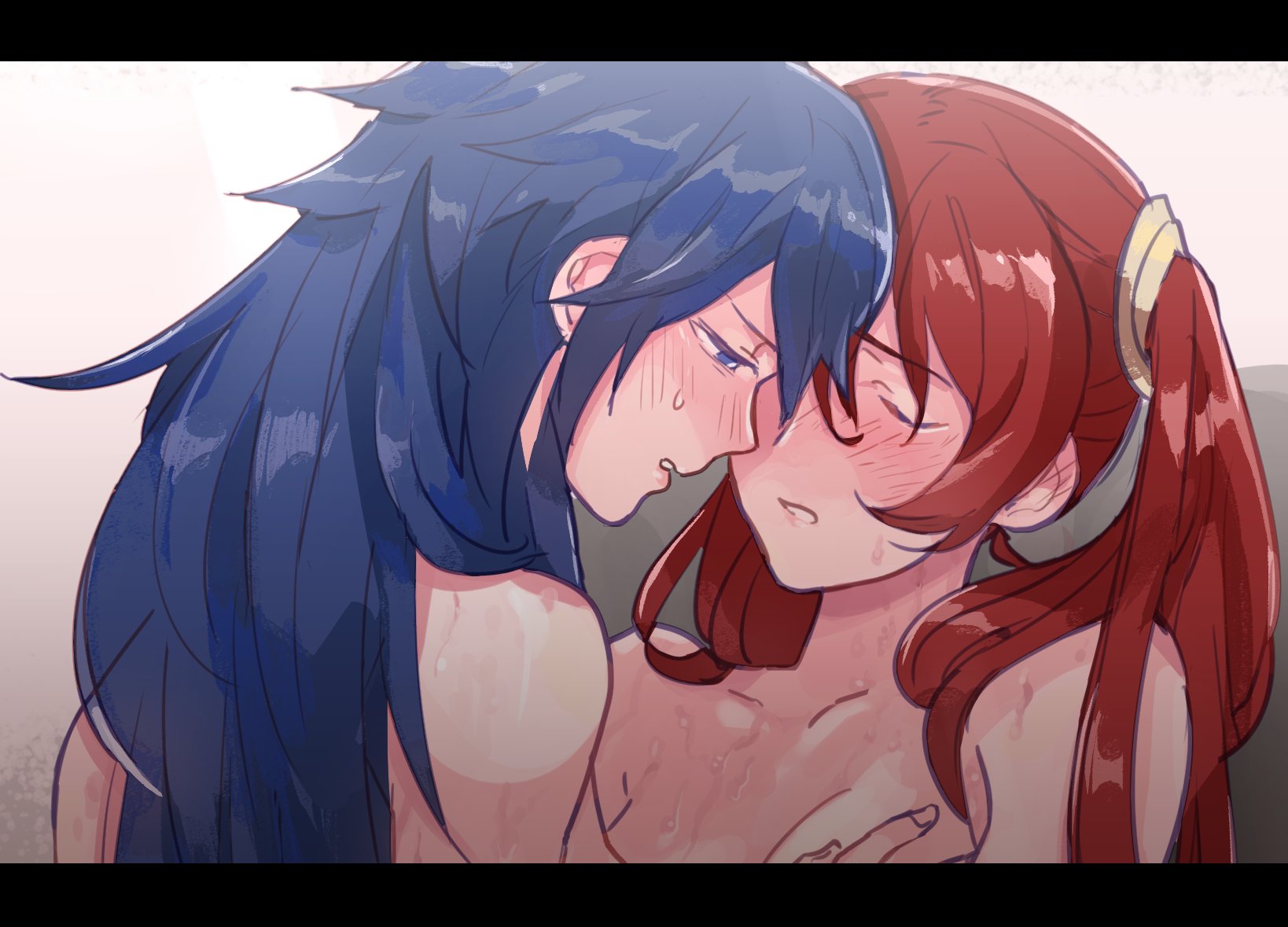 2girls, bad id, bad twitter id, bangs, bare shoulders, blue eyes, blue hair, blush, breasts, closed eyes, female, female only, fire emblem, fire emblem awakening, highres, imminent sex, implied sex, kohiu, letterboxed, long hair, lucina (fire emblem), multiple females, multiple girls, nintendo, nude, parted lips, red hair, severa (fire emblem), small breasts, sweat, twintails, wet, yuri