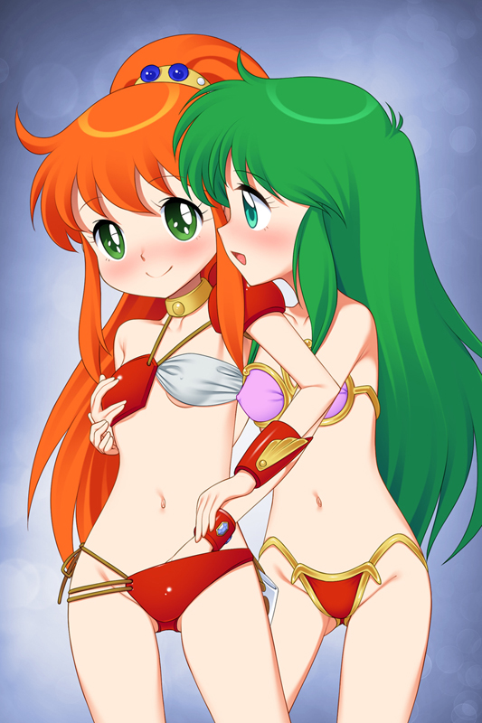 2girls armor ass_visible_through_thighs ayanokouji_rem bare_shoulders bikini bikini_armor blue_eyes blush bracer breast_grab breasts caron_(rall) commission commissioner_upload covered_nipples dream_hunter_rem face-to-face fingering fugetsu_taku grabbing green_eyes green_hair groin hand_in_bikini long_hair multiple_girls navel open_mouth orange_hair pink_bikini ponytail red_bikini sf_choujigen_densetsu_rall skeb_commission small_breasts smile swimsuit thighs trait_connection very_long_hair yuri