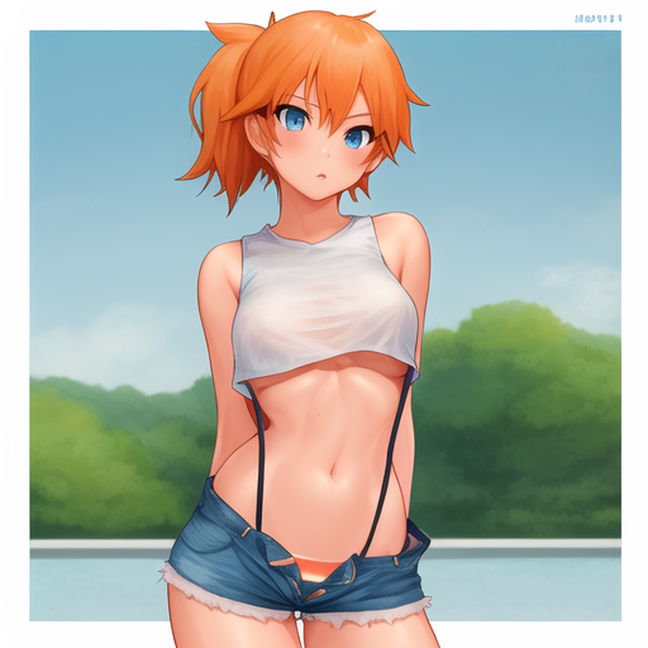 1:1 aspect ratio, 1girls, ai generated, alternative costume, armpits, asymmetrical hair, blue eyes, bra, breasts, clothing, denim, denim shorts, female, female only, game freak, gym leader, high resolution, kasumi (pokemon), legs, medium breasts, nai diffusion, nintendo, orange hair, pokemon, pokemon (game), pokemon rgby, ponytail, shirt, short hair, short shorts, shorts, side ponytail, simple background, solo, stable diffusion, standing, tank top, thighs, thong, tied hair, underboob, white shirt