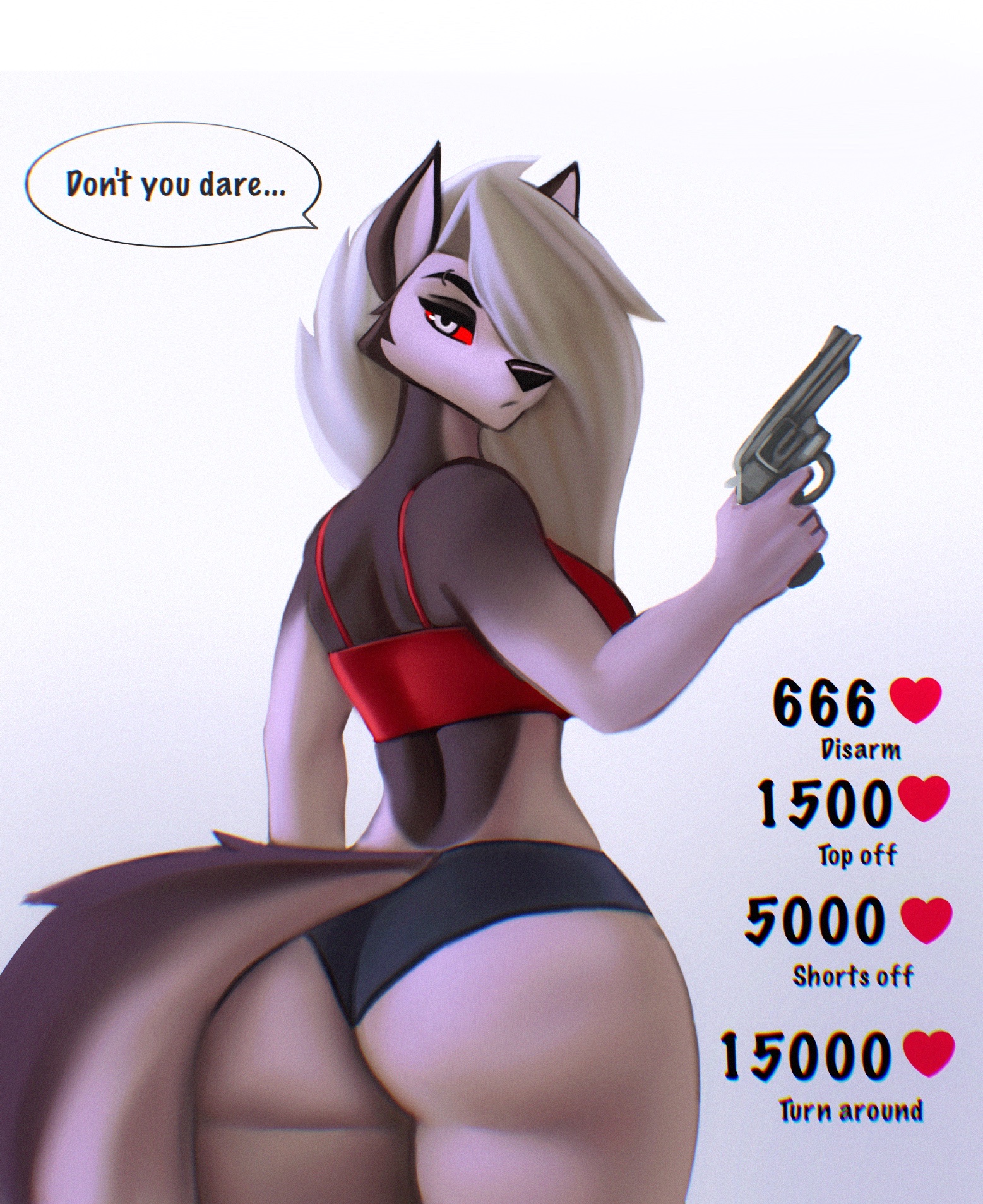 2022, 2d, anthro, aozee, ass, black eyeshadow, black nose, black pupils, breasts, demon, demon girl, digital media (artwork), eyebrow piercing, eyebrows, eyelashes, female, firearm, furry, furry female, furry only, grey body, grey fur, hair over one eye, hellhound, helluva boss, long hair, looking at viewer, loona (helluva boss), no humans, piercing, rear view, red sclera, red topwear, shorts, solo, speech bubble, strip game, tagme, tail, text, thick ass, thick thighs, white background, white body, white eyes, white fur, white hair