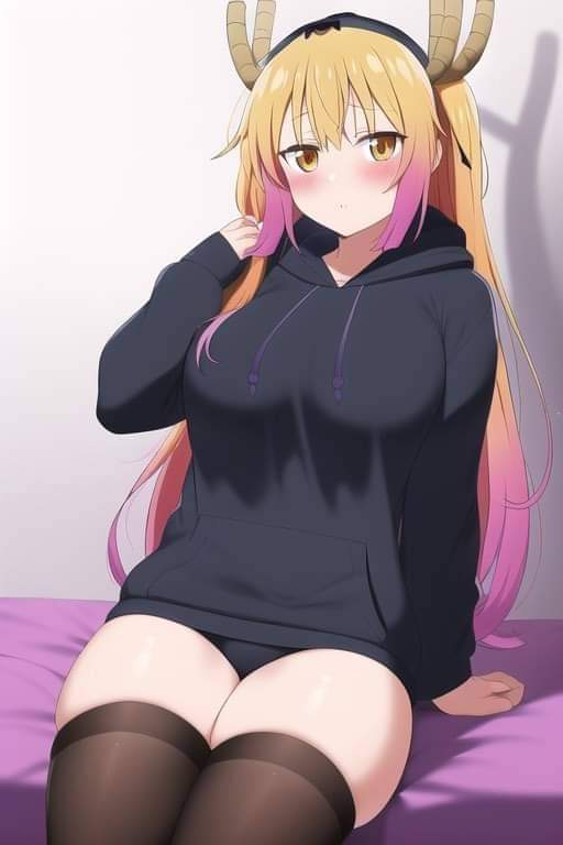 1girls, ai generated, blush, female, female only, flushed, hoodie, miss kobayashi's dragon maid, nai diffusion, orange hair, pink hair, shy, solo, stable diffusion, thick thighs, thighs, tohru (dragon maid)