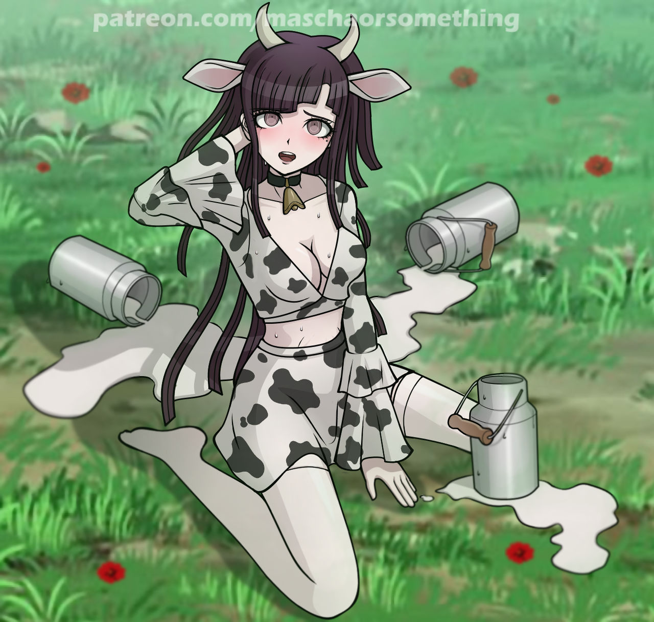 blush breasts cow_bell cow_ears cow_girl cow_horns cow_print danganronpa danganronpa_2:_goodbye_despair female_only maryorsomething no_bra straight_hair super_danganronpa_2 tsumiki_mikan