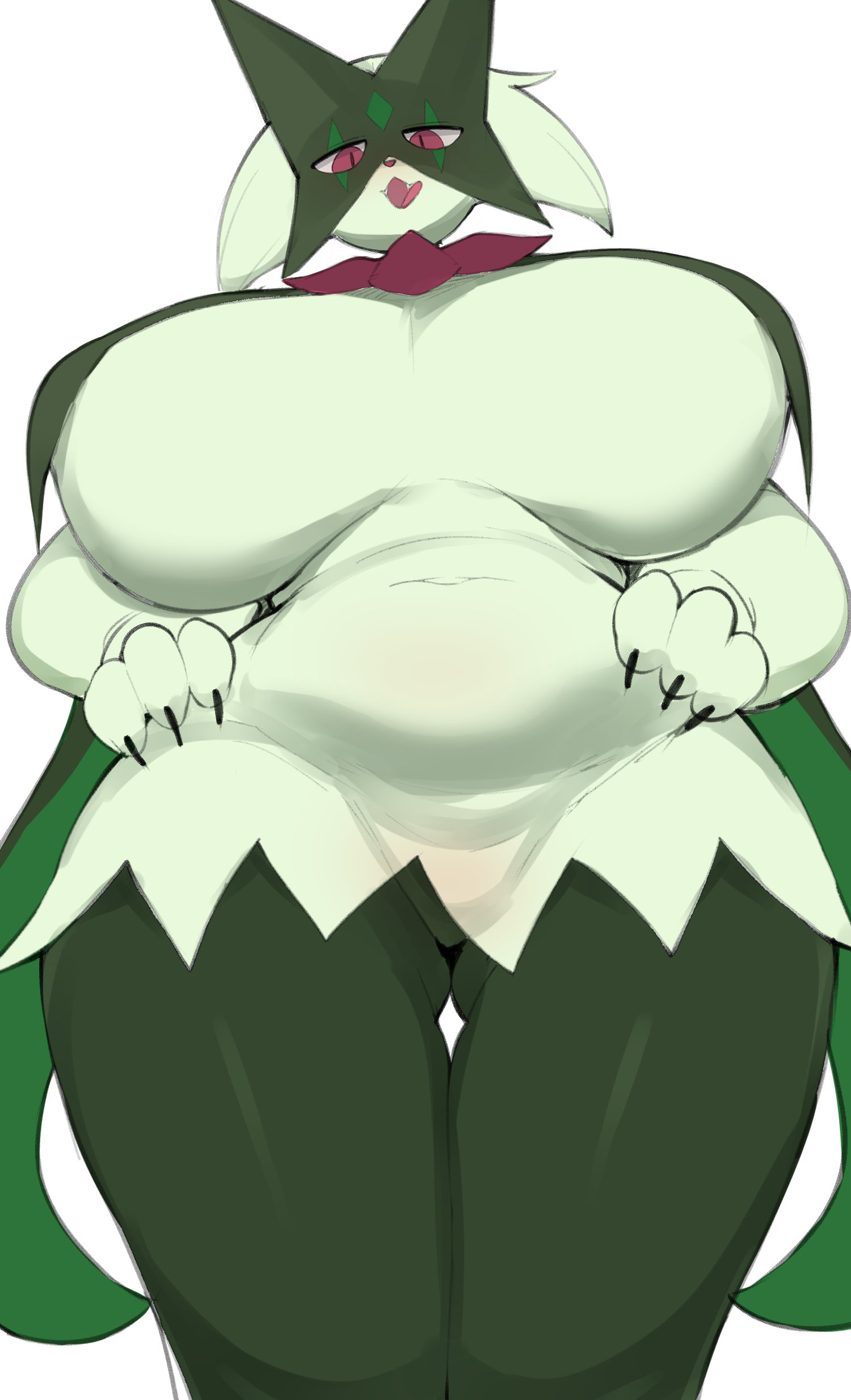 breasts, cham22, female, huge breasts, meowscarada, nintendo, pokémon (species), pokemon, pokemon (species), pokemon sv, slightly chubby, thick thighs, tongue, tongue out, video games, wide hips, worm's-eye view