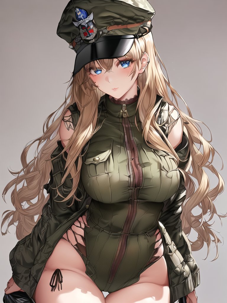 1girls, ai generated, big breasts, blonde hair, breasts, curvaceous, curvy figure, female, female only, hartman hips, high resolution, highres, long hair, military hat, military jacket, military uniform, nai diffusion, original, seductive look, solo, stable diffusion, voluptuous, voluptuous female