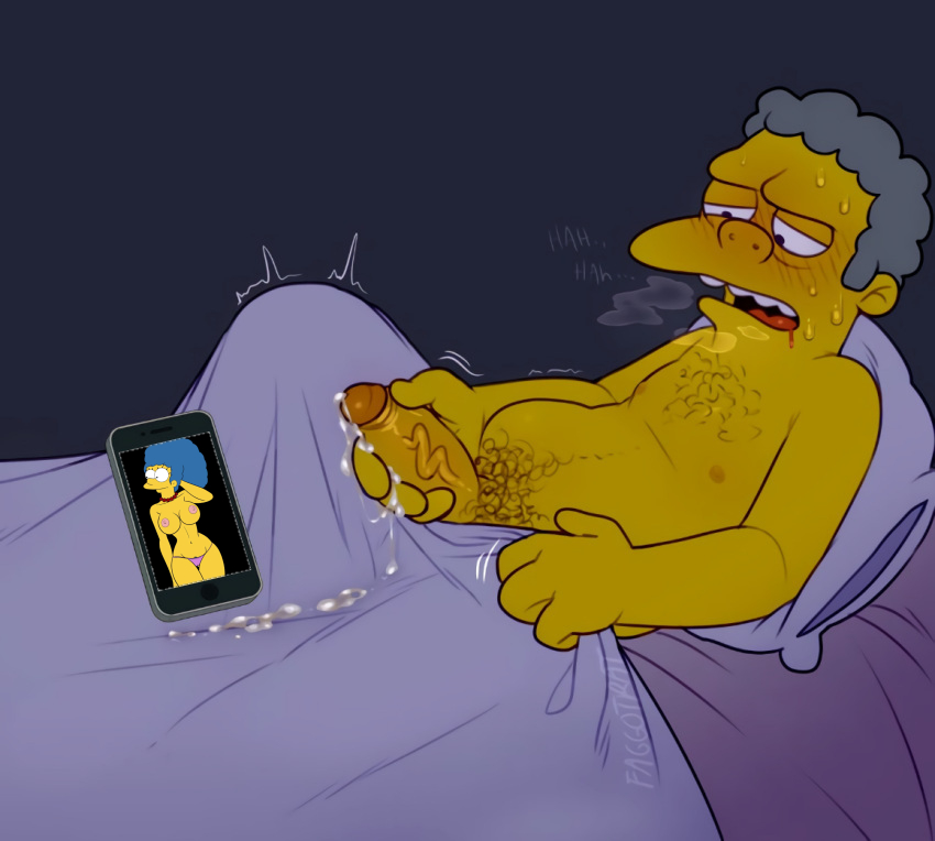 1boy 1girls bed cellphone croc_(artist) cum_tribute excited faggotrat fapping female male male_focus male_only marge_simpson masturbating masturbation moe_szyslak nude nude_female panties penis the_simpsons tribute tribute_pic