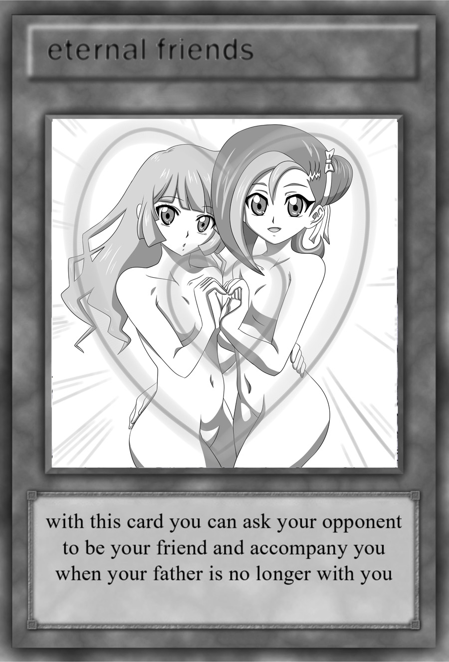 2girls collectible_card english_text female female_only heart kotori_mizuki monochrome multiple_girls naked parody romin_kirishima sesshoalex small_breasts text tori_meadows yu-gi-oh! yu-gi-oh!_sevens yu-gi-oh!_zexal yu-gi-oh_card