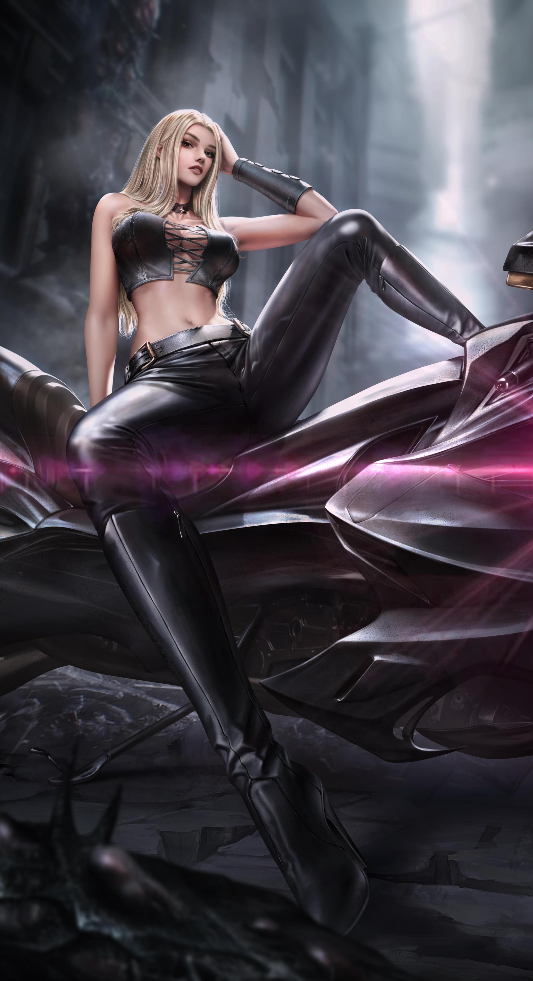 1girls, 2d, absurd res, big breasts, blonde hair, boob window, bracelet, breasts, cleavage, clothed, cloud.d, devil may cry, devil may cry (series), devil may cry 5, female, leather boots, leather clothing, leg up, midriff, motorcycle, pinup, spread legs, trish (devil may cry)