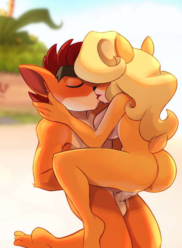 anthro, ass, blonde hair, breasts, closed eyes, cowgirl position, crash (series), crash bandicoot, crawna, dick, female, furry, furry female, furry male, kissing, lipstick, magaska19, male, naked, nude, penis, sex, tawna bandicoot