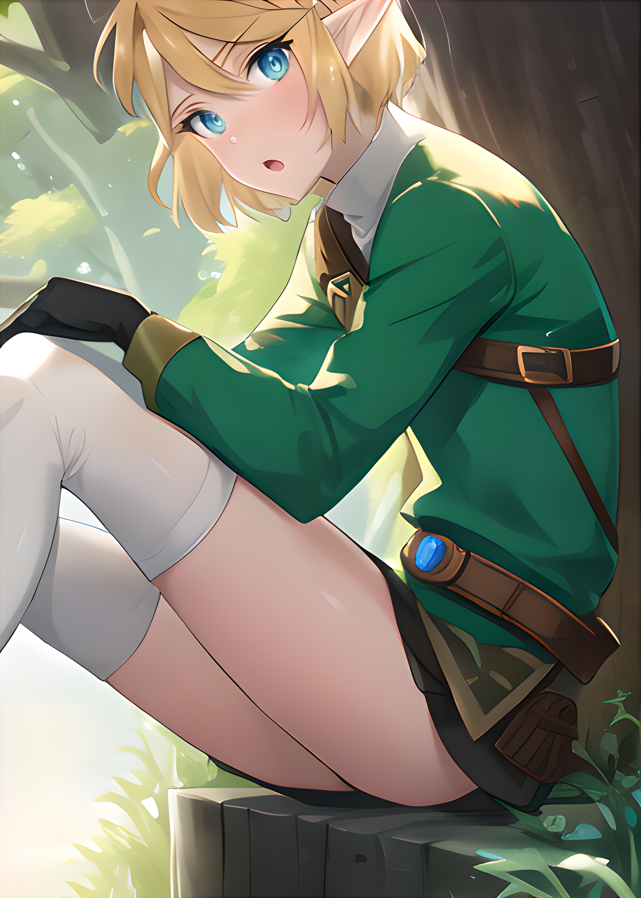1boy, ai generated, bangs, belt, belt buckle, blonde hair, blue eyes, breath of the wild, buckle, elf, elf ears, femboy, forest, forest background, gloves, grass, link, link (breath of the wild), long sleeves, looking at viewer, male, male focus, nature, nature background, open mouth, outdoors, pointy ears, sitting, solo, stable diffusion, the legend of zelda, thighhighs, white legwear