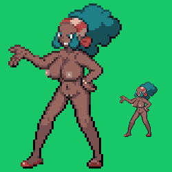 1girls afro dark-skinned_female game_freak green_background human large_breasts lenora_(pokemon) mature mature_female mature_woman nintendo nude pixel_art pokemon pokemon_bw solo sprite sprite_art sprite_sheet