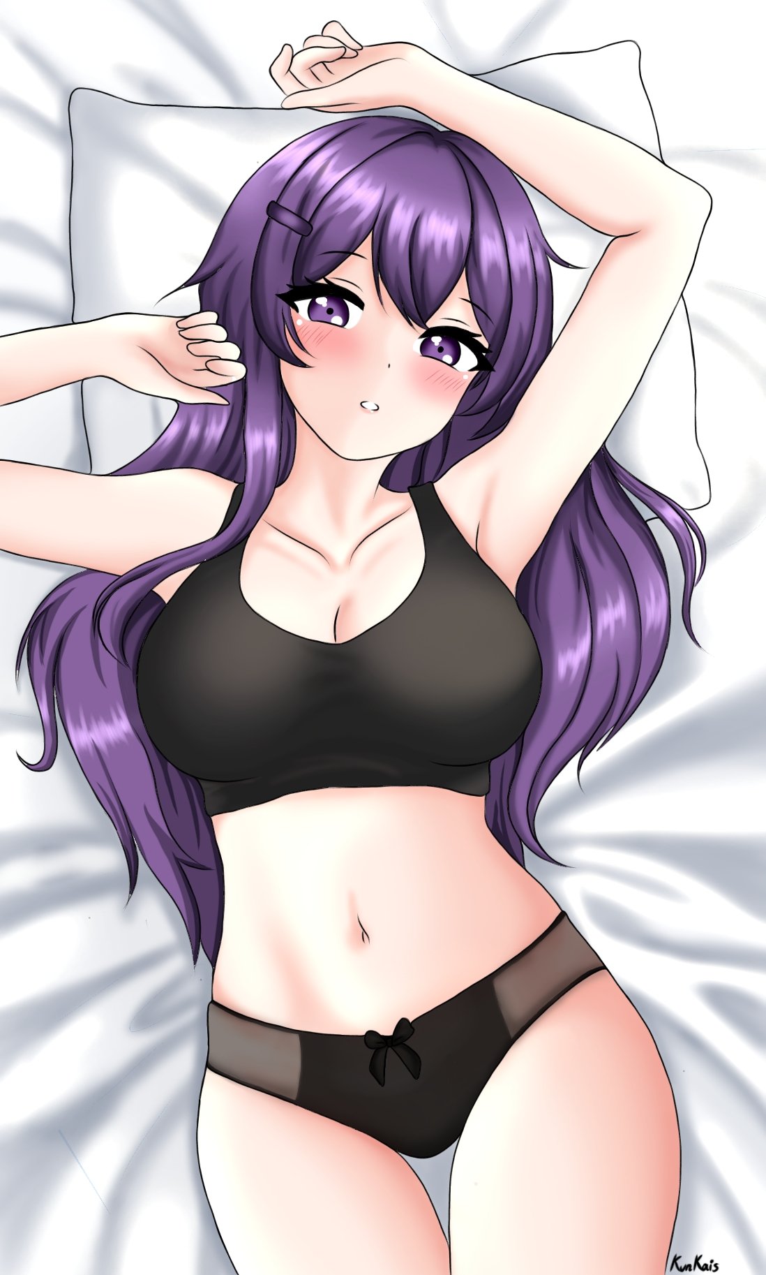 5 fingers, artist name, bed sheet, black bra, black panties, bow panties, bra, breasts, cleavage, doki doki literature club, female, kun kaiss, long hair, matching underwear, panties, pillow, purple eyes, purple hair, traced, yuri (doki doki literature club)