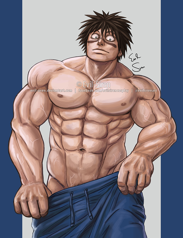 abs bara big_pecs brown_hair crazy_eyes dark_hair evilsirenart facial_tattoo kengan_(series) kengan_ashura looking_at_viewer male male_only meguro_masaki muscular muscular_male pants_down pecs pubic_hair_peek solo spiky_hair topless topless_male undressing veins veiny_muscles wide_eyed