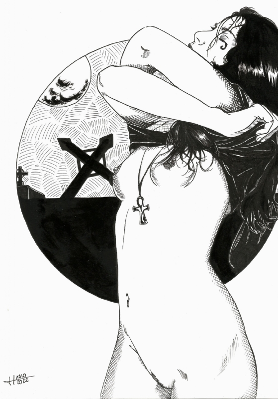 ankh ankh_necklace aureola black_hair bottomless breasts closed_eyes cross death_of_the_endless eye_of_horus goth humanoid landing_strip monochrome moon moonlight necklace neckwear pale_skin removing_shirt