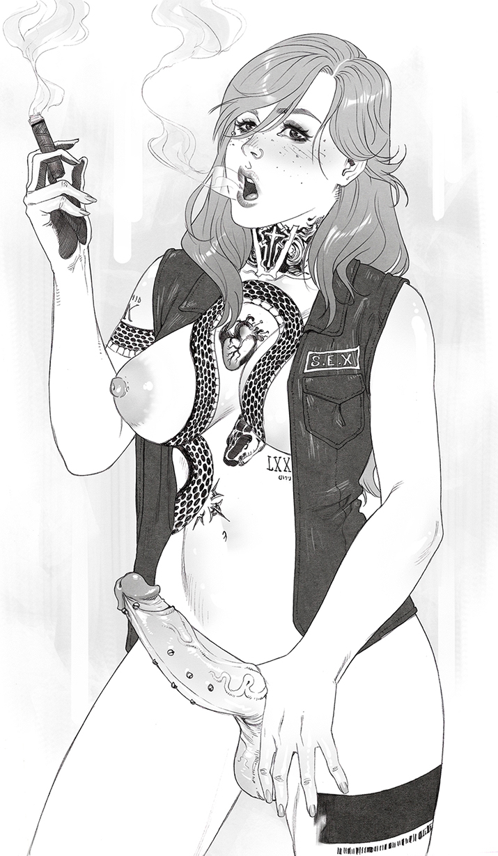 1futa, 2022, areolae, bare shoulders, big breasts, big penis, breasts, clothed, clothing, erection, futa only, futanari, greyscale, human, intersex, jacket, karasuh, leather, leather jacket, long hair, monochrome, mostly nude, nipples, penis, penis piercing, piercing, smoking, solo, standing, tattoo