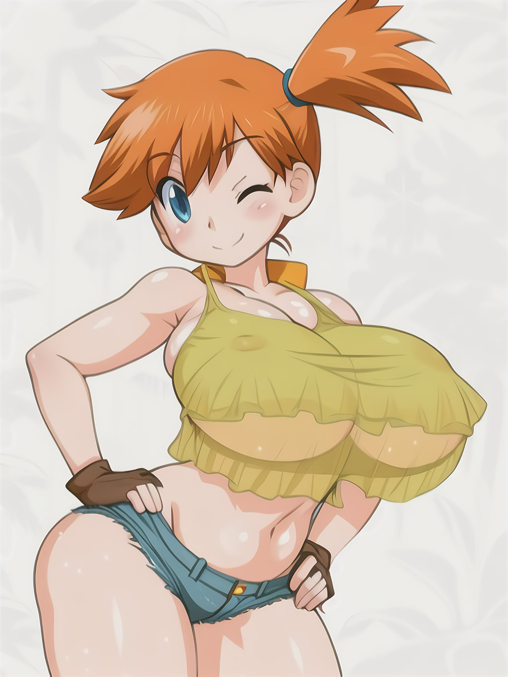 ai generated, alternative bust size, aqua eyes, asymmetrical hair, bare arms, bare legs, bare shoulders, blue eyes, blush, breasts, clothing, cowboy shot, curvaceous, denim, denim shorts, female, female only, game freak, gym leader, hair between eyes, high resolution, holding, holding object, holding poke ball, huge breasts, human only, kasumi (pokemon), large breasts, legs, looking at viewer, nintendo, one eye closed, open mouth, orange hair, poke ball, pokemon, pokemon (anime), pokemon (classic anime), pokemon (game), pokemon rgby, ponytail, shiny, shiny hair, shiny skin, shirt, short hair, short ponytail, short shorts, shorts, side ponytail, simple background, sleeveless, sleeveless shirt, smile, solo, tank top, thighs, tied hair, underwear, wide hips, wink, yellow shirt