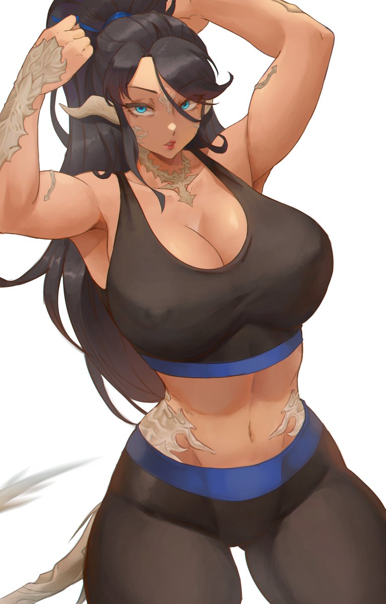 1girls, arms up, au ra, black hair, blue eyes, breasts, cutesexyrobutts (style), female, final fantasy, final fantasy xiv, horns, lesottart, long hair, midnightryoko, midriff, scales, sports bra, sportswear, tanned, thick thighs, thighs, yoga pants