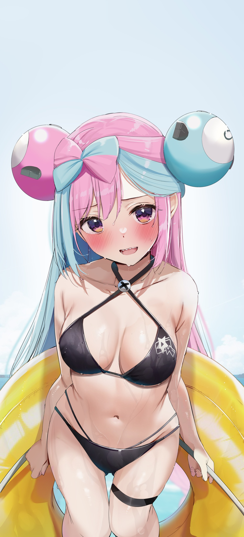 1girls, bikini, blue hair, blush, breasts, female, iono (pokemon), nintendo, pink eyes, pink hair, pokemon, pokemon sv, rouka (akatyann), sharp teeth, two-tone hair, wet, wet body