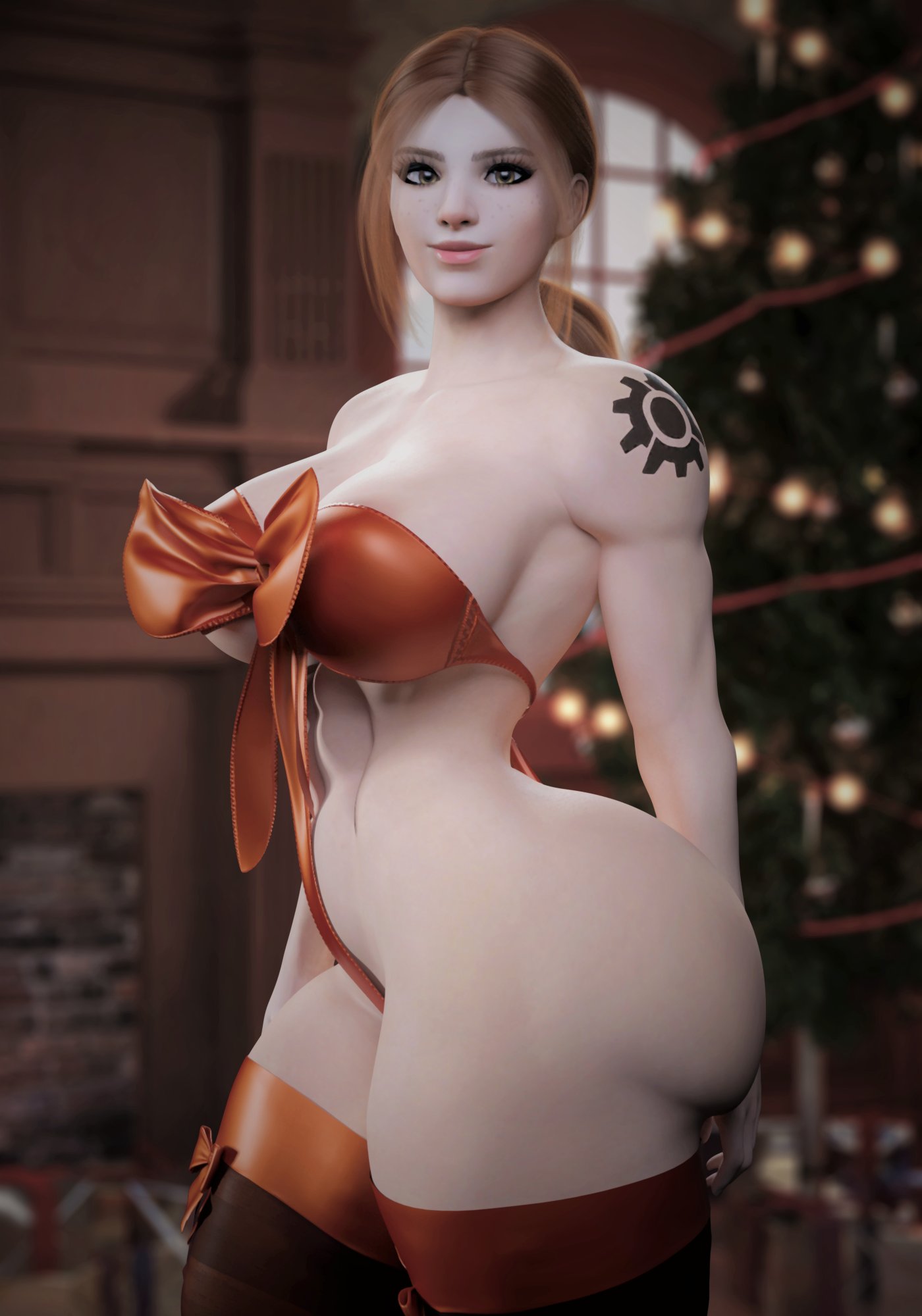 1girls, 3d, abs, ass, audrix, big ass, big breasts, blizzard entertainment, breasts, brigitte, female, gift wrapped, gift wrapping, muscular, muscular female, overwatch, red hair, tagme, tattoo, thick thighs, yellow bikini
