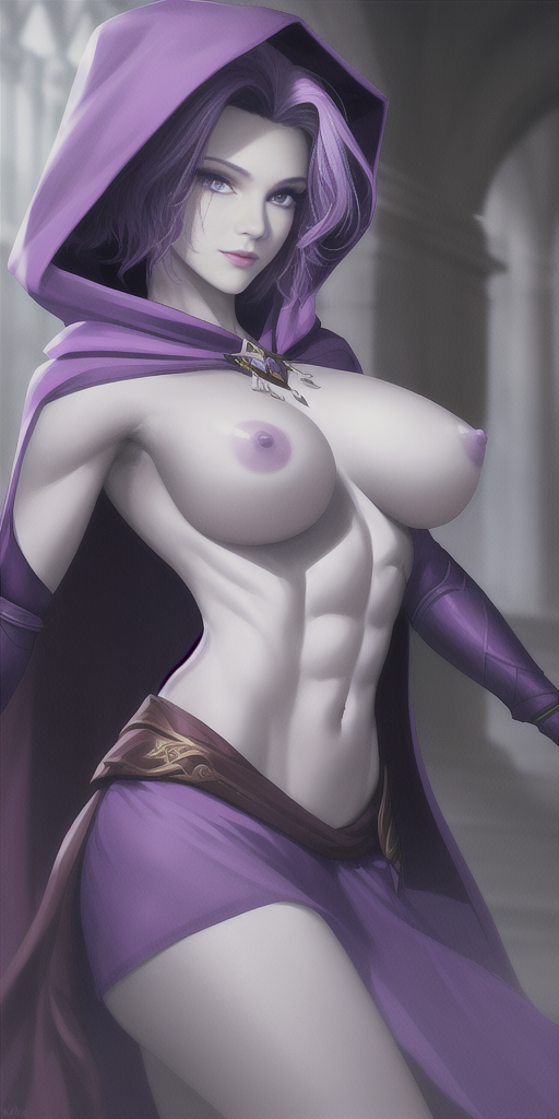 abs ag-edits ai_generated breasts cape dc dc_comics exposed exposed_breasts exposed_nipples exposed_torso fit fit_female fitness grey_skin hood navel nipples purple_eyes purple_hair rachel_roth raven_(dc) short_hair stable_diffusion standing teen_titans toned toned_belly toned_body toned_female toned_stomach