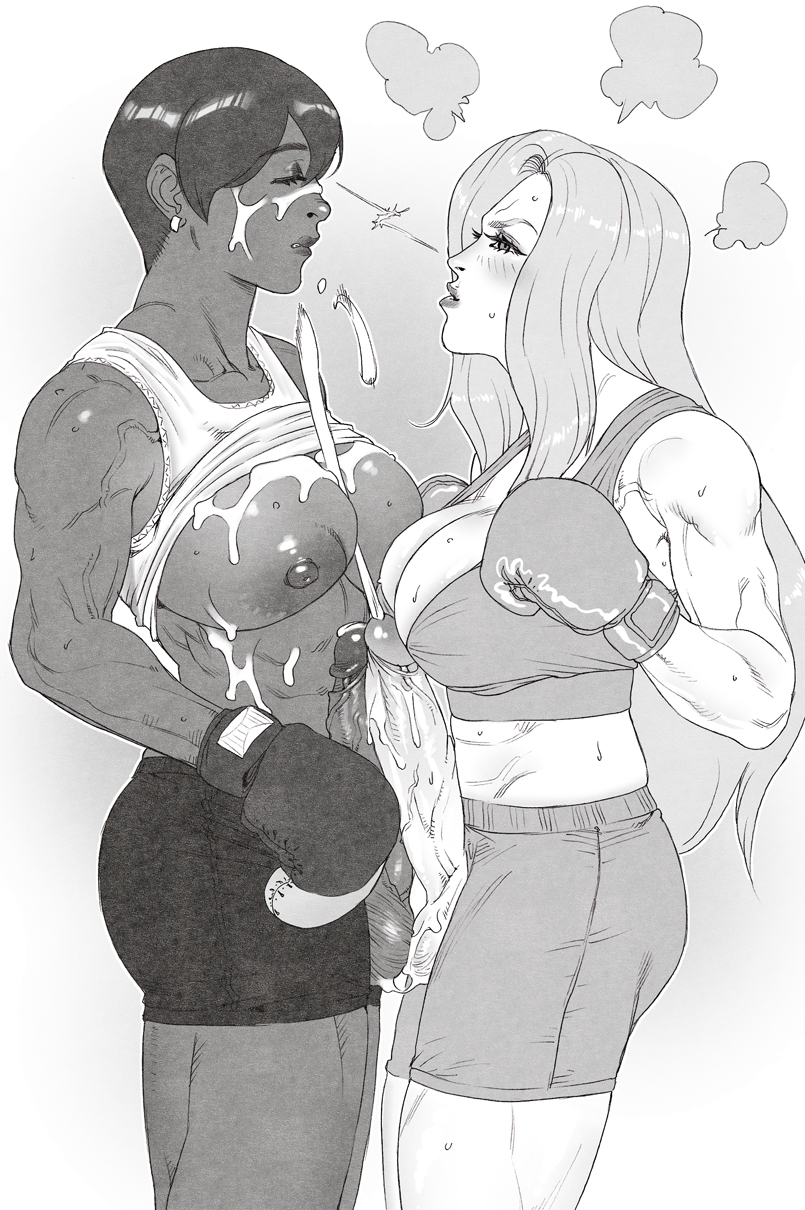 2022, 2futas, areolae, balls, big breasts, big penis, boxing, boxing gloves, breasts, clothed, clothing, cum, dark skin, dark-skinned futa, duo, ejaculation, erection, frottage, futa on futa, futa only, futanari, gloves, greyscale, human, intersex, karasuh, light skin, light-skinned futa, long hair, monochrome, mostly clothed, muscular, muscular futa, nipples, partially clothed, penis, sex, short hair, standing, sweat, wet