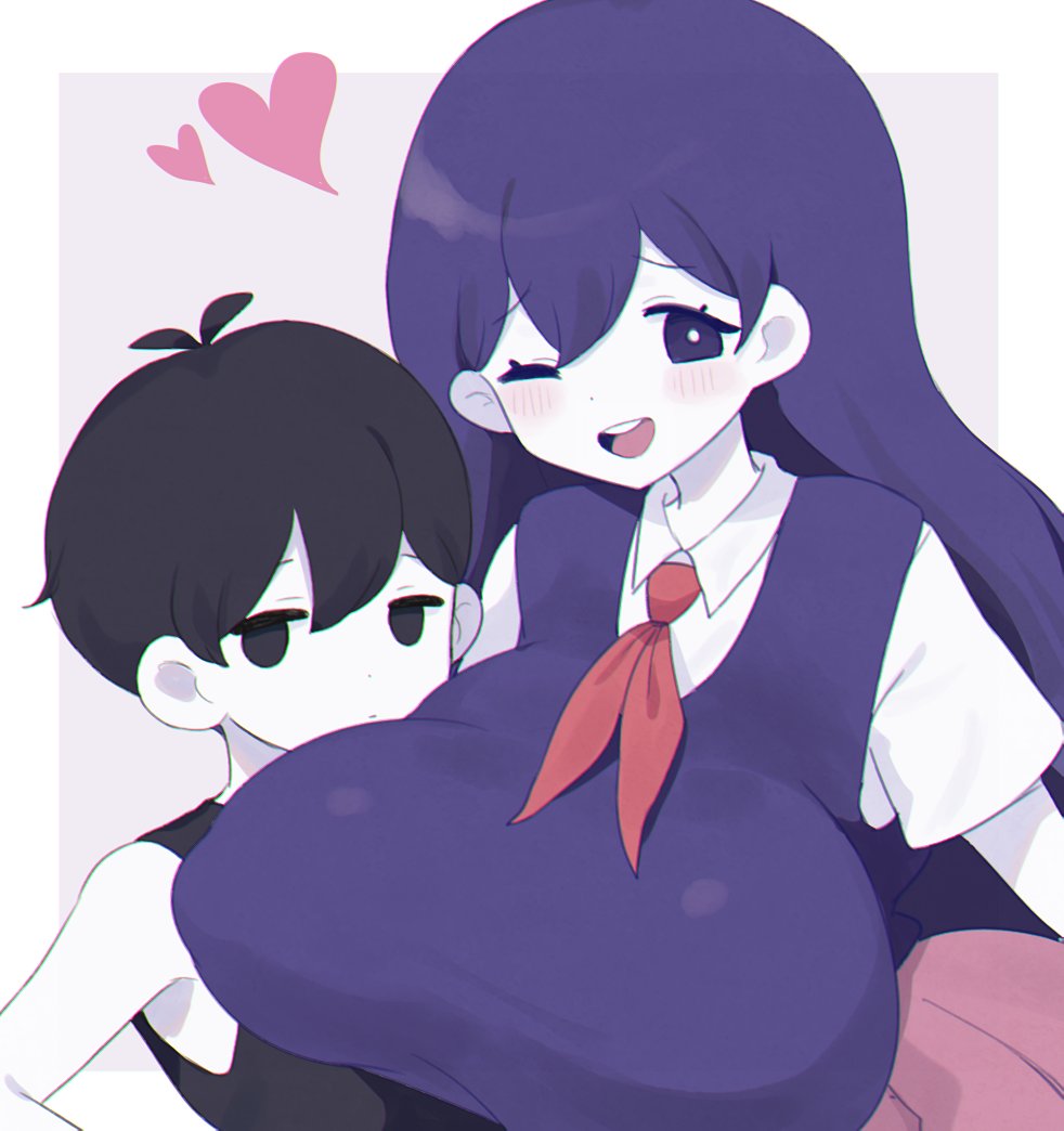 1boy 1girls big_sister black_hair black_tank_top blush breasts breasts_on_chest brother brother_and_sister clarevoir clothed collar collared_shirt colored dot_nose expressionless female fully_clothed happy heart huge_breasts implied_incest incest little_brother long_hair male mari_(omori) mob_face necktie no_sex older_sister omori omori_(character) open_mouth pleated_skirt purple_hair purple_shirt short_hair short_sleeves sister skirt suggestive tank_top white_shirt wink winking winking_at_viewer younger_brother