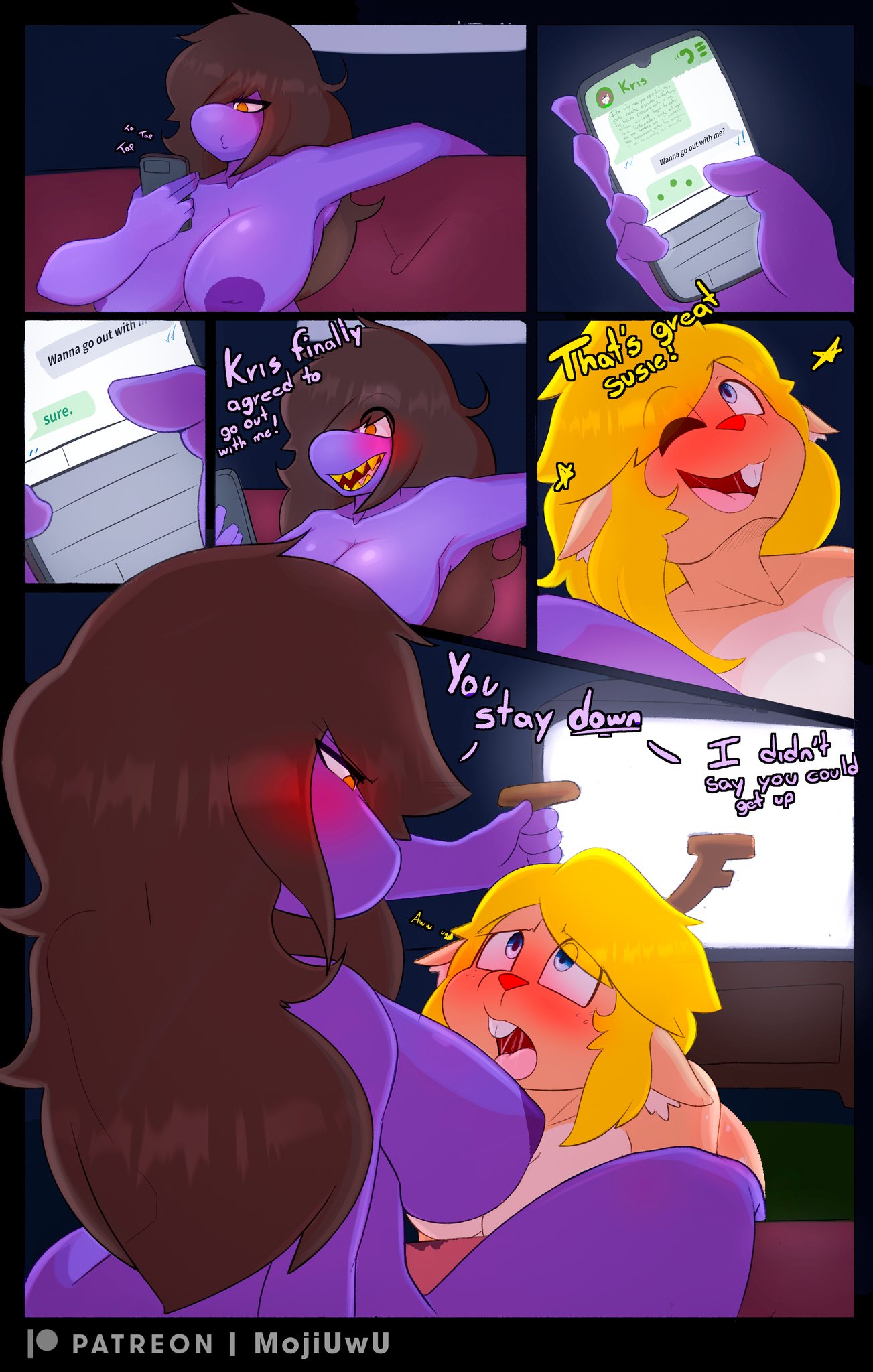 anthro anthro_only big_breasts deltarune deltarune_chapter_2 huge_breasts mojiuwu noelle_holiday phone susie_(deltarune) tagme undertale_(series) yuri