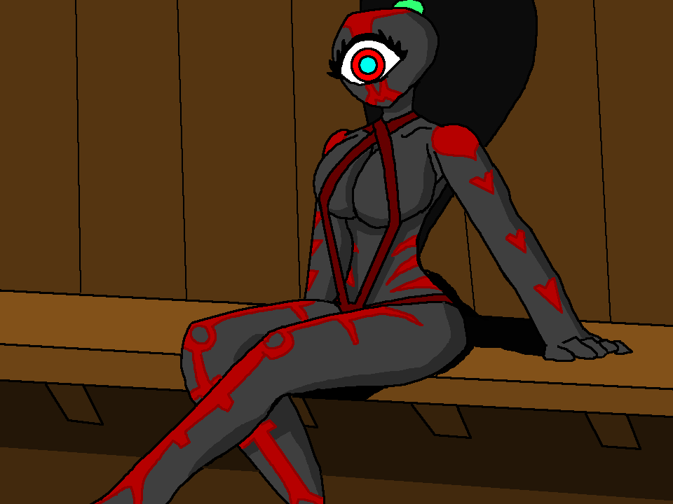 alien alien_girl alien_humanoid ass bathhouse bathing_suit bench big_breasts bikini black_hair breasts cyclops expectant female grey_body grey_skin legs legs_crossed long_hair looking_at_viewer markings original_character red_eyes red_markings sauna shading shadow shoulders thighs tilted_head tyrrha wooden_wall