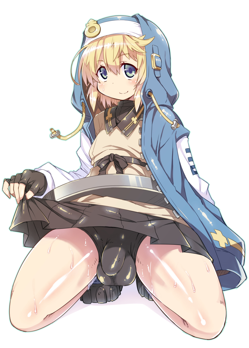 1boy balls blonde_hair blue_eyes blush bridget bulge eye_contact femboy guilty_gear guilty_gear_strive kanibasami long_hair looking_at_viewer male male_only minishorts otoko_no_ko penis_bulge shorts skirt_lift smile solo spandex_shorts testicles thighs_on_glass