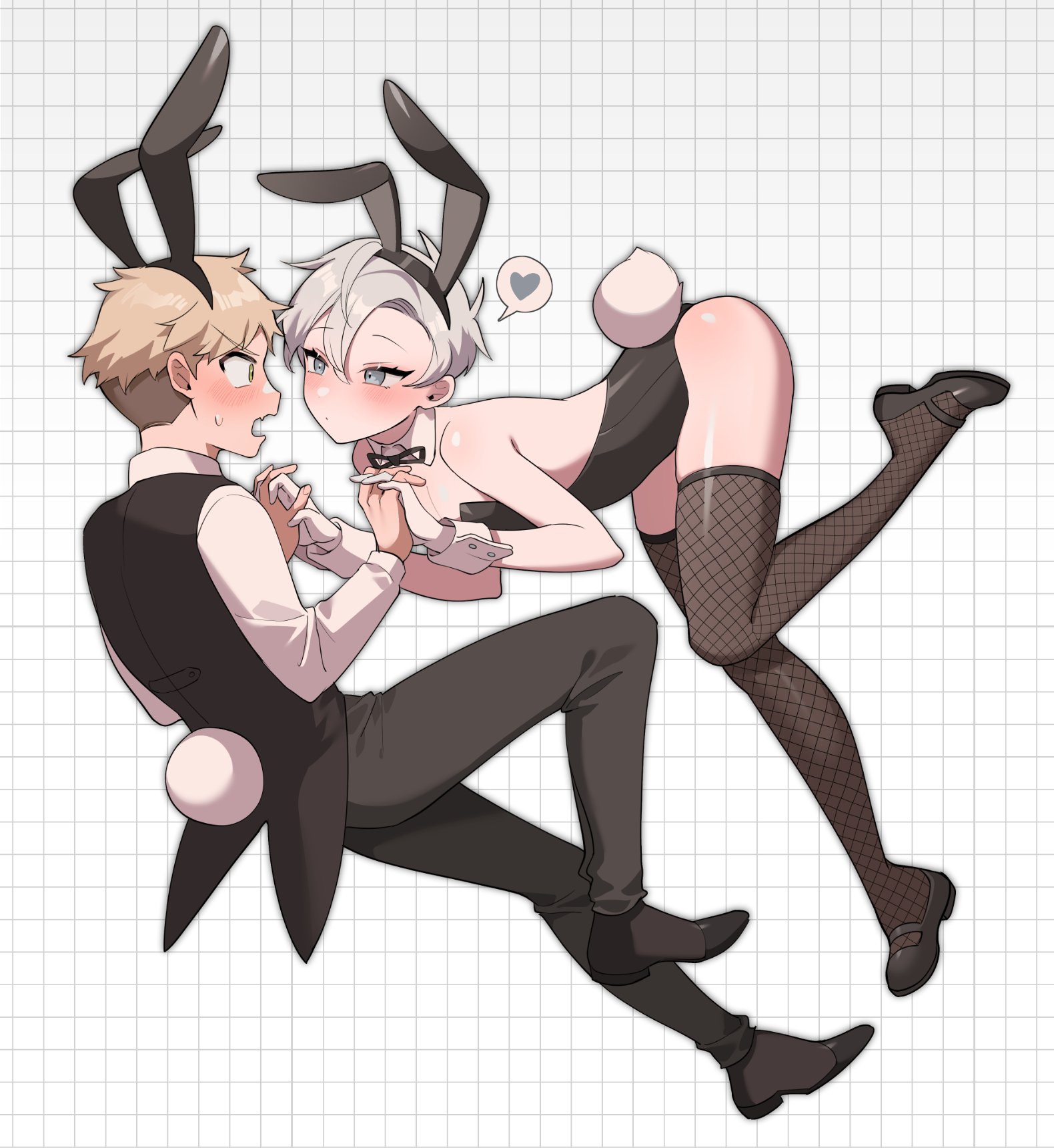 2boys, blonde hair, blue eyes, blush, bunny ears, bunny tail, bunnysuit, detached collar, fake animal ears, femboy, fishnet legwear, fishnet stockings, fishnets, gay, gay male, gloves, grey hair, heart, holding hands, leotard, male, ming (5unri5e666), original, simple background, skindentation, spoken heart, thighhighs, trap, wrist cuffs, yaoi