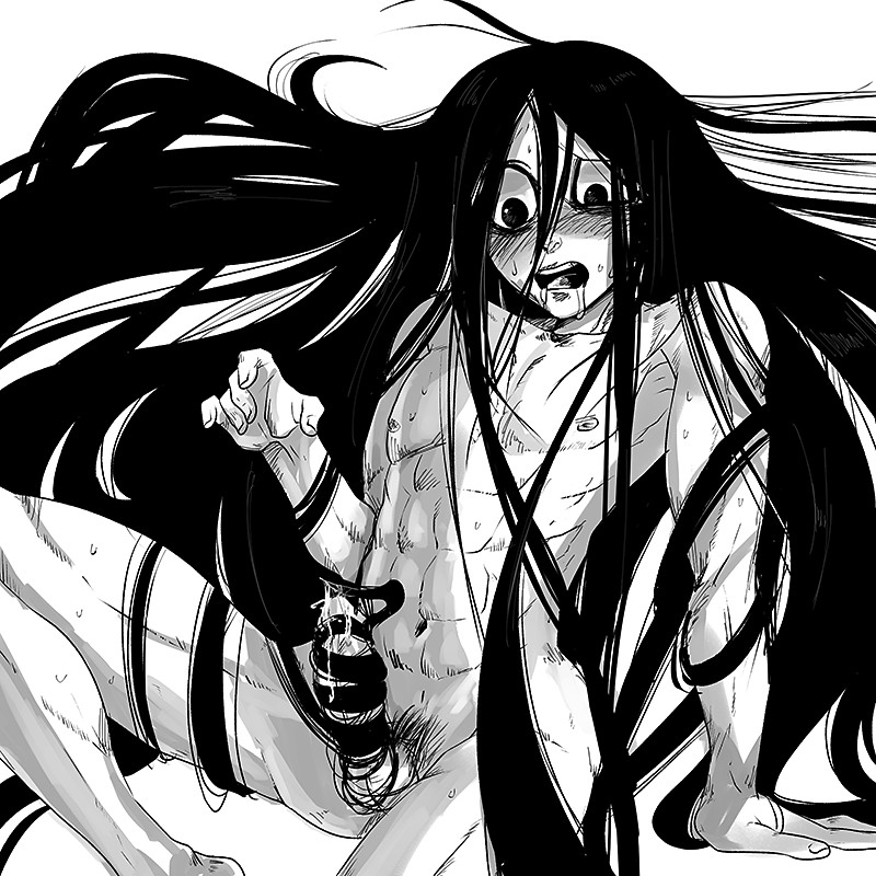 abs absurdly_long_hair black_hair blush completely_nude drooling erection hairjob hands-free hands-free_masturbation inaba_ryo kengan_(series) kengan_ashura long_hair long_hair_male looking_pleasured male male_only masturbation messy_hair monochrome nude penis sweat toned toned_male uncensored very_long_hair zelgatd