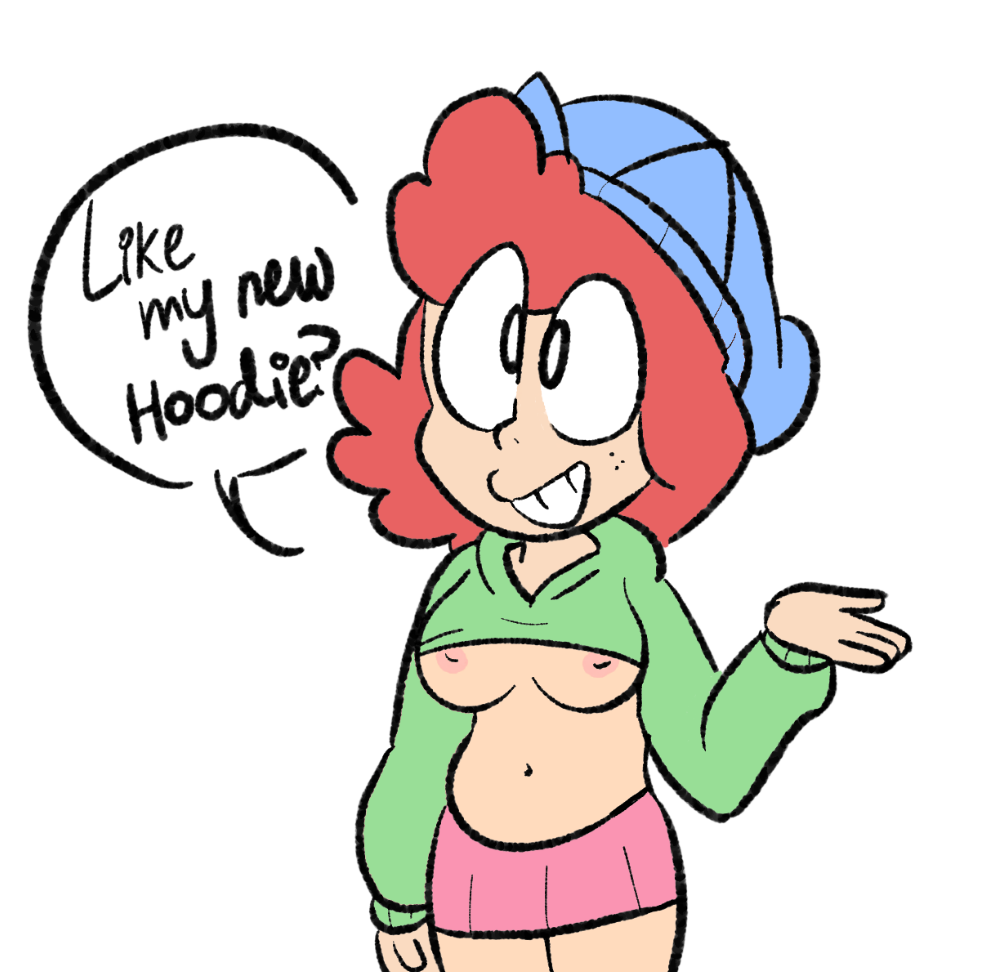 1girls 4_fingers blue_beanie boogtoons breasts chubby clothed green_shirt hoodie hoodie_lift pink_skirt red_hair tagme toony