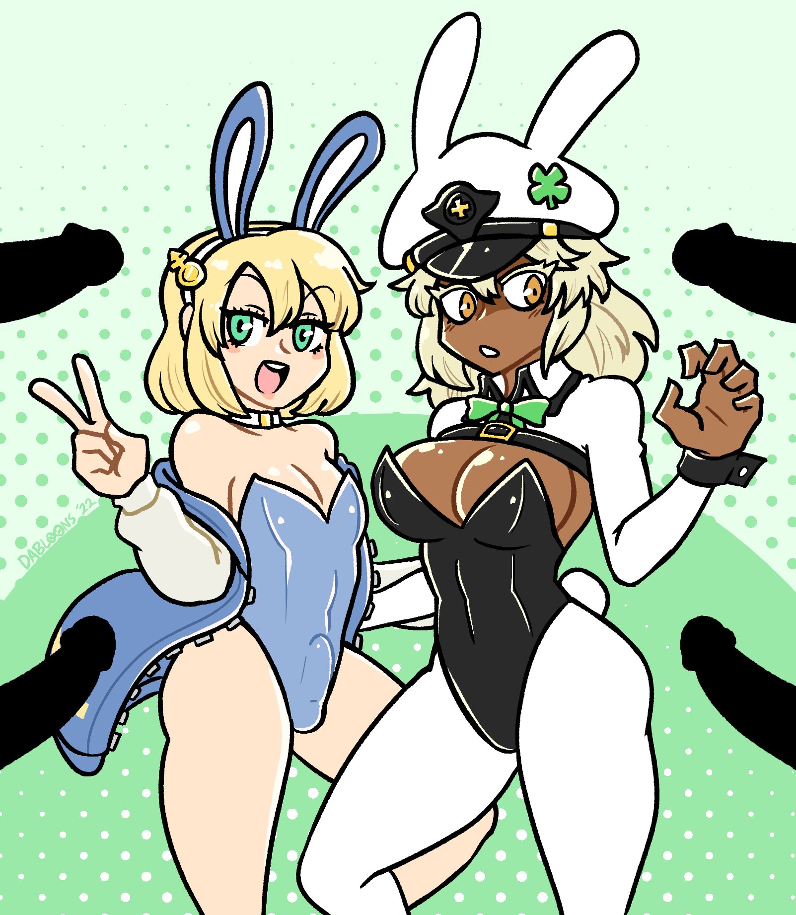 1girls, 5boys, blonde hair, both sexes in same situation, breasts, bridget, bulge, bulge through clothing, bunny ear, bunnysuit, dark skin, female, femboy, green eyes, guilty gear, male, peace sign, penis, ramlethal valentine