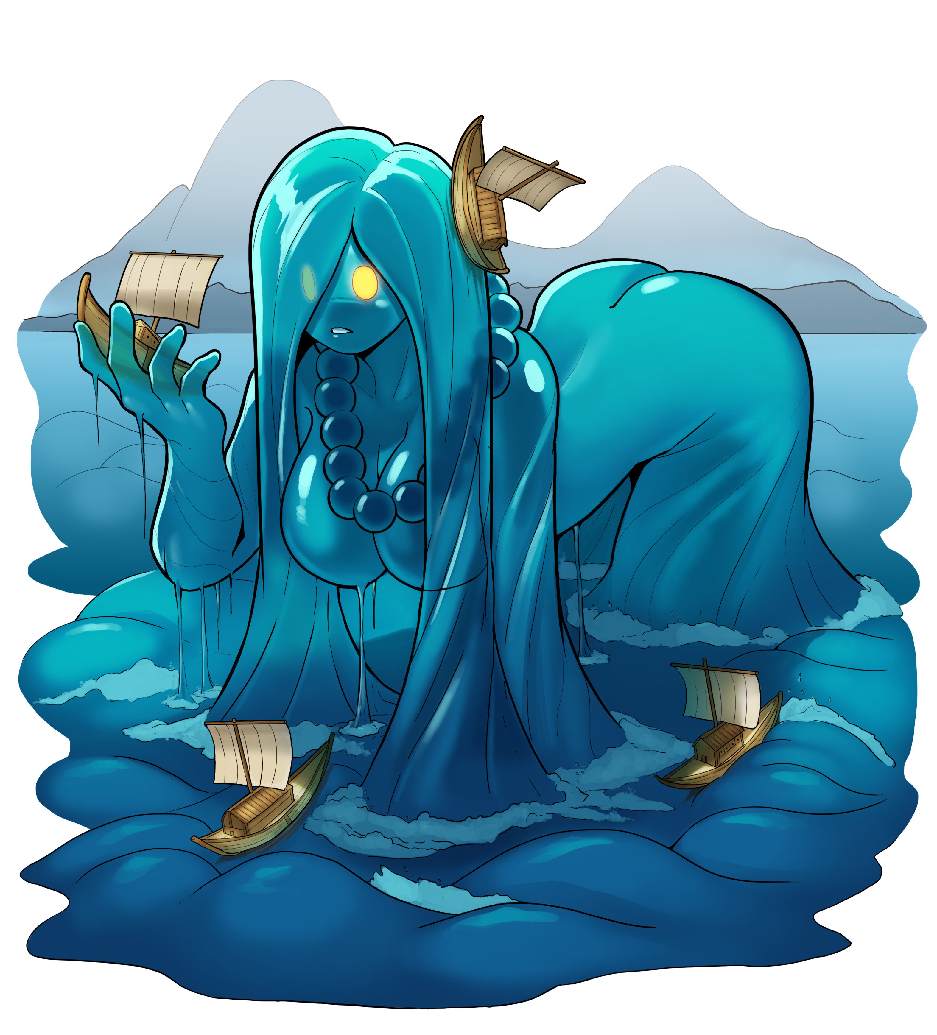 1girls, absurd res, ass, ass cleavage, bead necklace, big breasts, blue body, blue hair, blue skin, boat, breasts, ceehaz, eye visible through hair, female, female focus, giantess, hair over one eye, holding object, humanoid, intrigued, japanese mythology, leaning forward, long hair, looking at object, macro, monster girl, mythological creature, mythology, object on head, prayer beads, public domain, sea monster, slime girl, translucent body, umibozu, water, water hair, yellow eyes, youkai