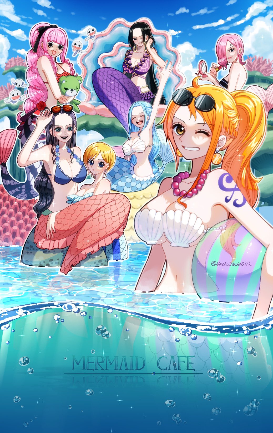 beach boa_hancock female female_only fish_girl fish_tail koala_(one_piece) mermaid mermaid_girl mermaid_position mermaid_tail mermaid_transformation multiple_girls nacho_nacho0112 nami nami_(one_piece) nefertari_vivi nico_robin one_piece perona post-timeskip seductive seductive_eyes seductive_look seductive_mouth seductive_pose seductive_smile stronami vinsmoke_reiju