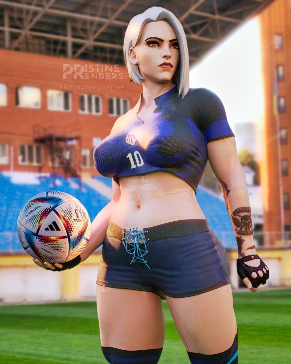 1girls 2022 3d arm_tattoo artist_name ashe_(overwatch) athletic_female beauty_mark belly_button big_breasts blizzard_entertainment bottomwear breasts busty clothed clothed_female clothes clothing crop_top female fifa fingerless_gloves fit_female football front_view fully_clothed gloves hair handwear human large_breasts light-skinned_female light_skin lipstick medium_hair mole mole_above_mouth navel overwatch pristinerenders red_eyes red_lipstick shorts soccer solo sportswear stomach straight_hair tattoo tattooed_arm thick_thighs thighs topwear url watermark white_hair world_cup