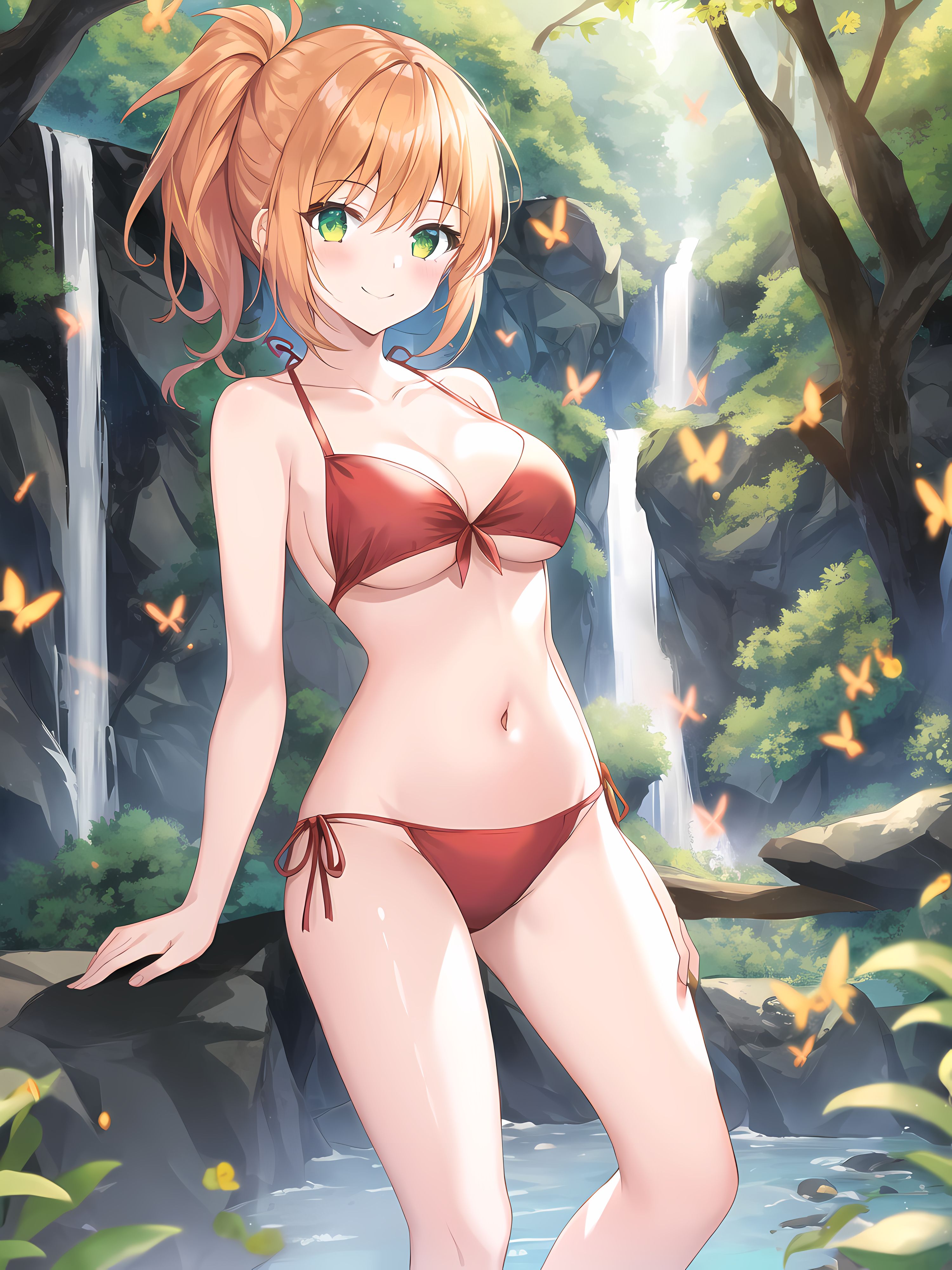 1girls, absurd res, ai generated, bikini, blush, blush lines, blushing, breasts, butterfly, female, female only, forest, full body, ginger, ginger hair, green eyes, hi res, kasumi (pokemon), looking at viewer, looking down, misty (pokemon), nai diffusion, pokemon, pokemon trainer, ponytail, red bikini, smile, solo, stable diffusion, standing, waterfall