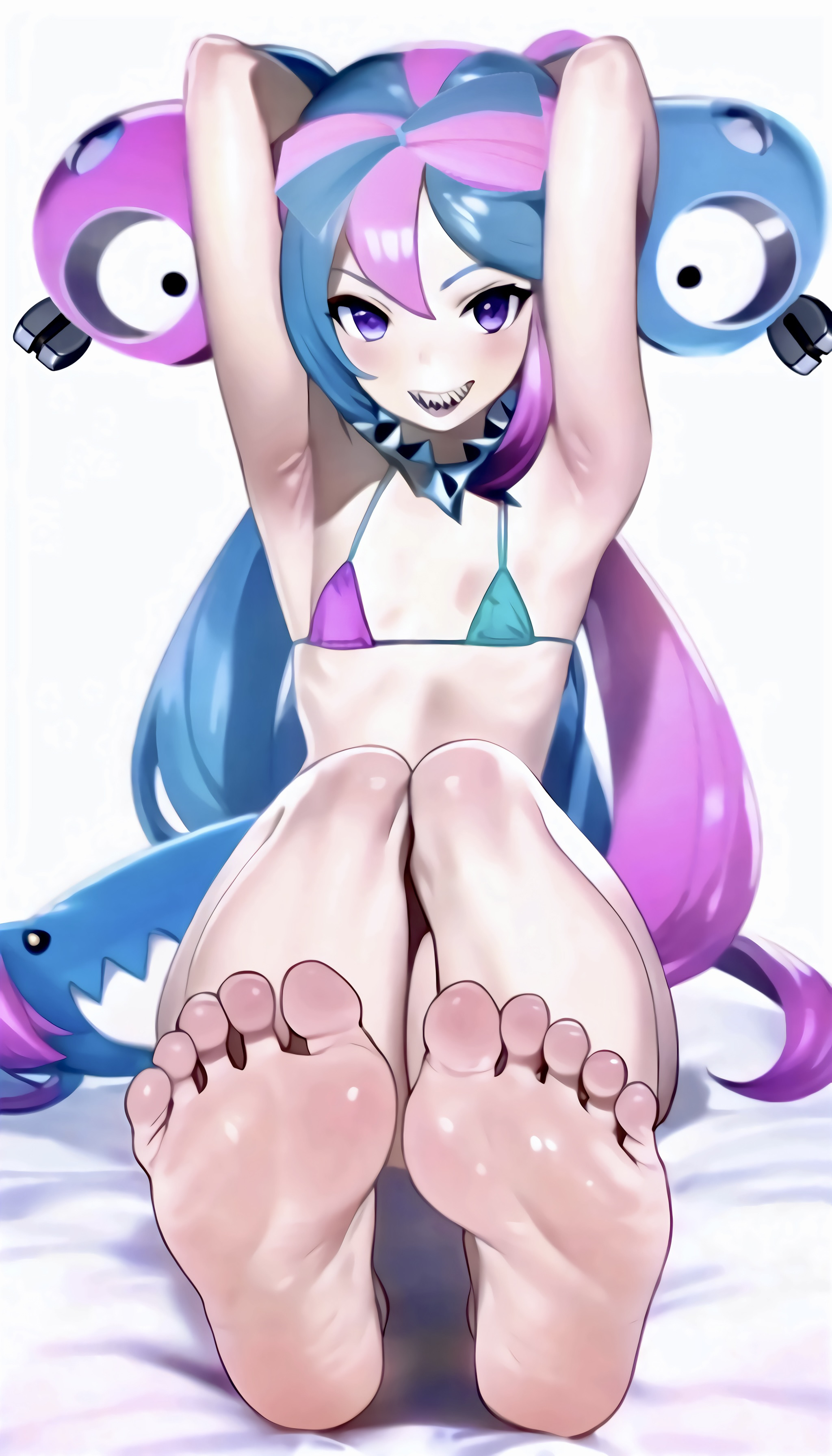 ai generated, arms above head, arms up, barefoot, bikini, blue hair, breasts, feet, feet focus, female, iono (pokemon), looking at viewer, low twintails, micro bikini, multicolored hair, nai diffusion, pale skin, pink hair, pokemon, pokemon sv, purple eyes, sharp teeth, small breasts, smile, soles, stable diffusion, twintails, white background