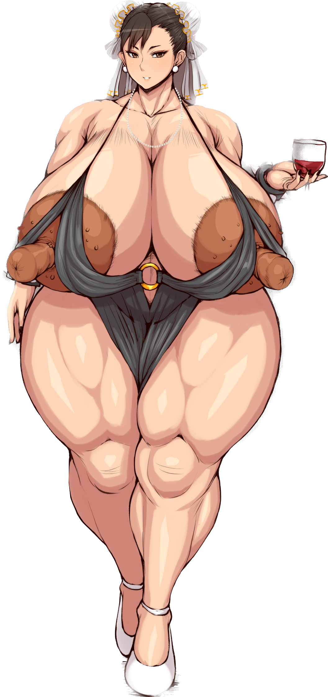 black_dress brown_eyes brown_hair chun-li dress gigantic_breasts muscular_female nipple_slip nipples_visible_through_clothing o-ring o-ring_dress pearl_necklace ponkotsuu spiked_bracelet street_fighter transparent_background venus_body wine_glass wristband