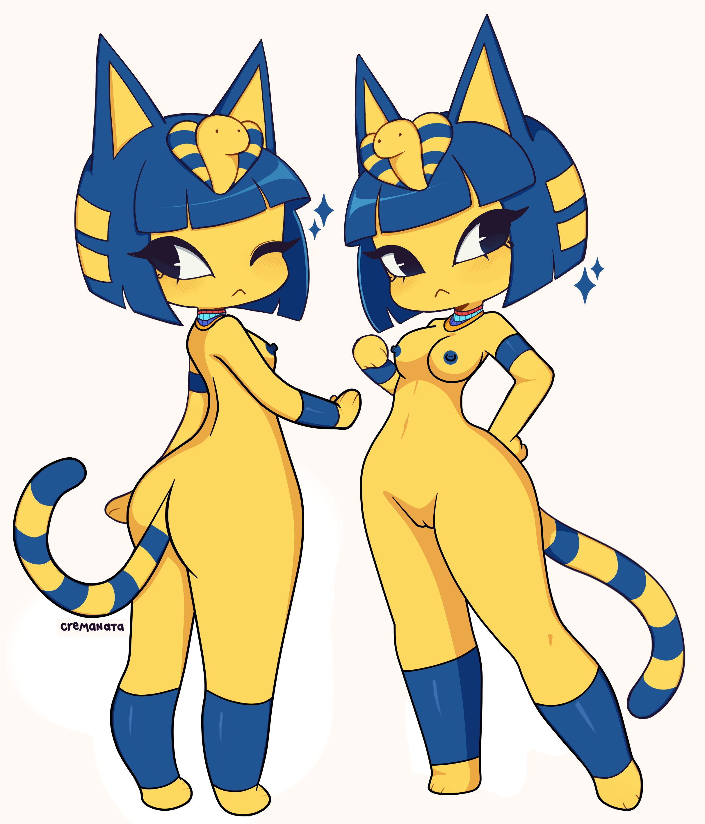 1girls, 2022, animal crossing, ankha, ankha (animal crossing), anthro, ass, blue hair, blush, breasts, cat ears, cat tail, color, cremanata, digital drawing (artwork), digital media (artwork), feline, female, female only, furry, nintendo, nipples, nude, nude female, one eye closed, pussy, short hair, simple background, sparkles, wink, winking, yellow fur